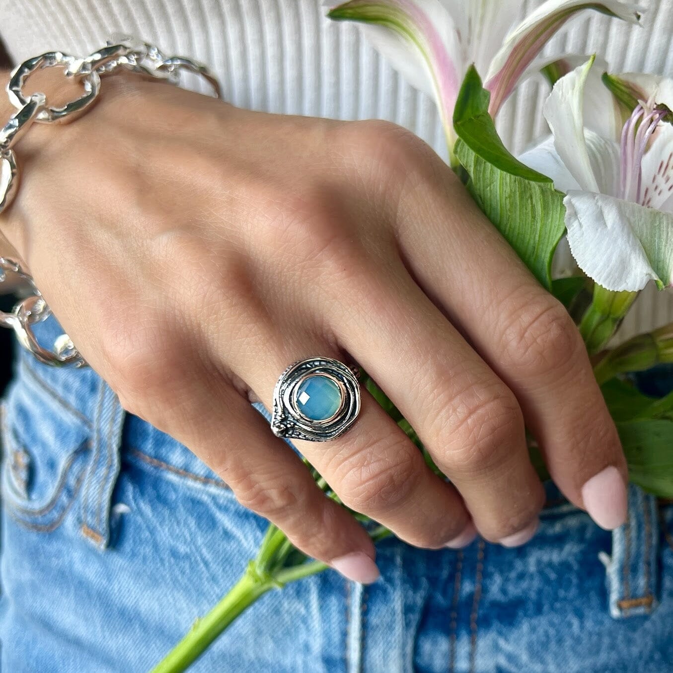 sterling silver unique rings with a aqua  Chalcedony stone