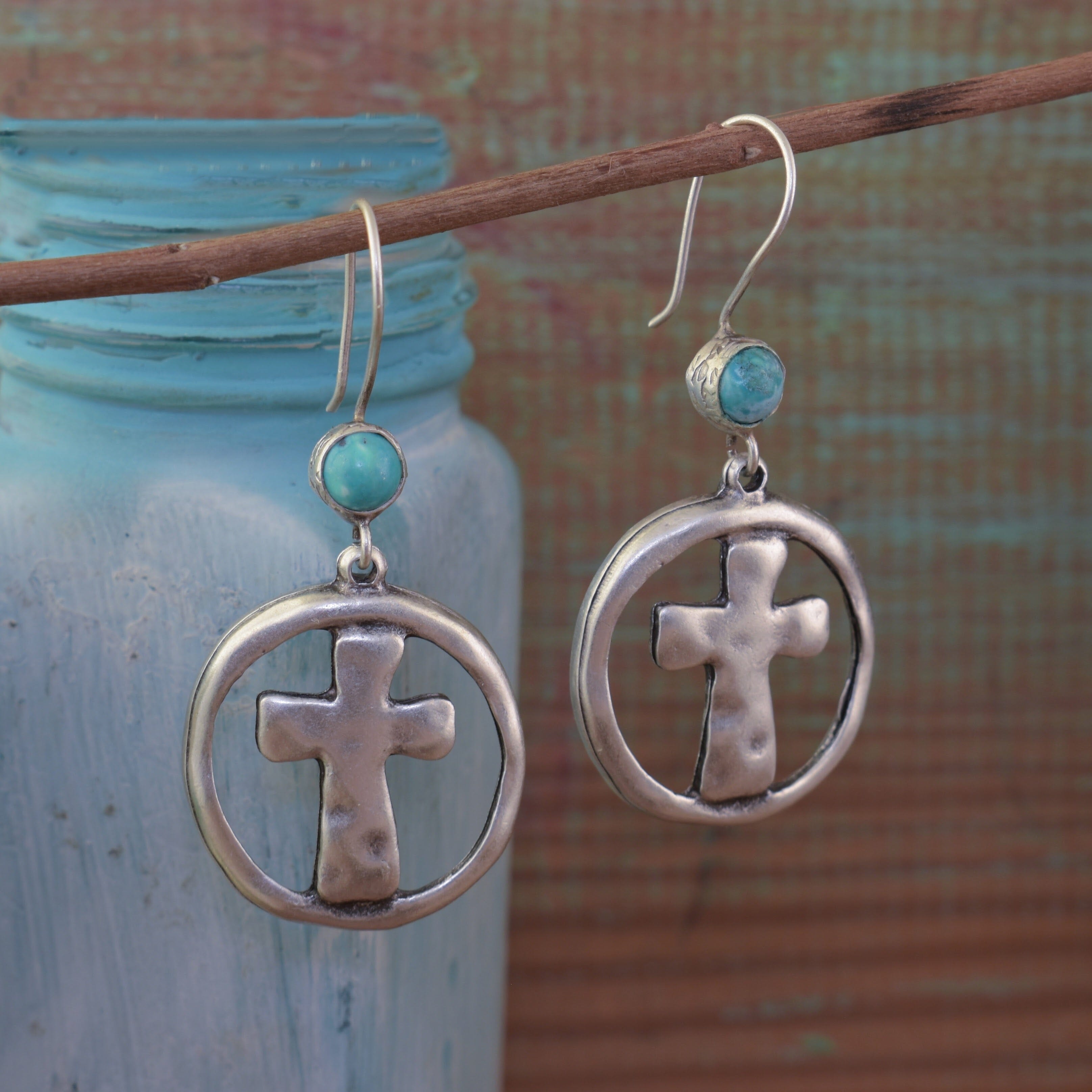 Cut out cross earrings with reconstructed turquoise 