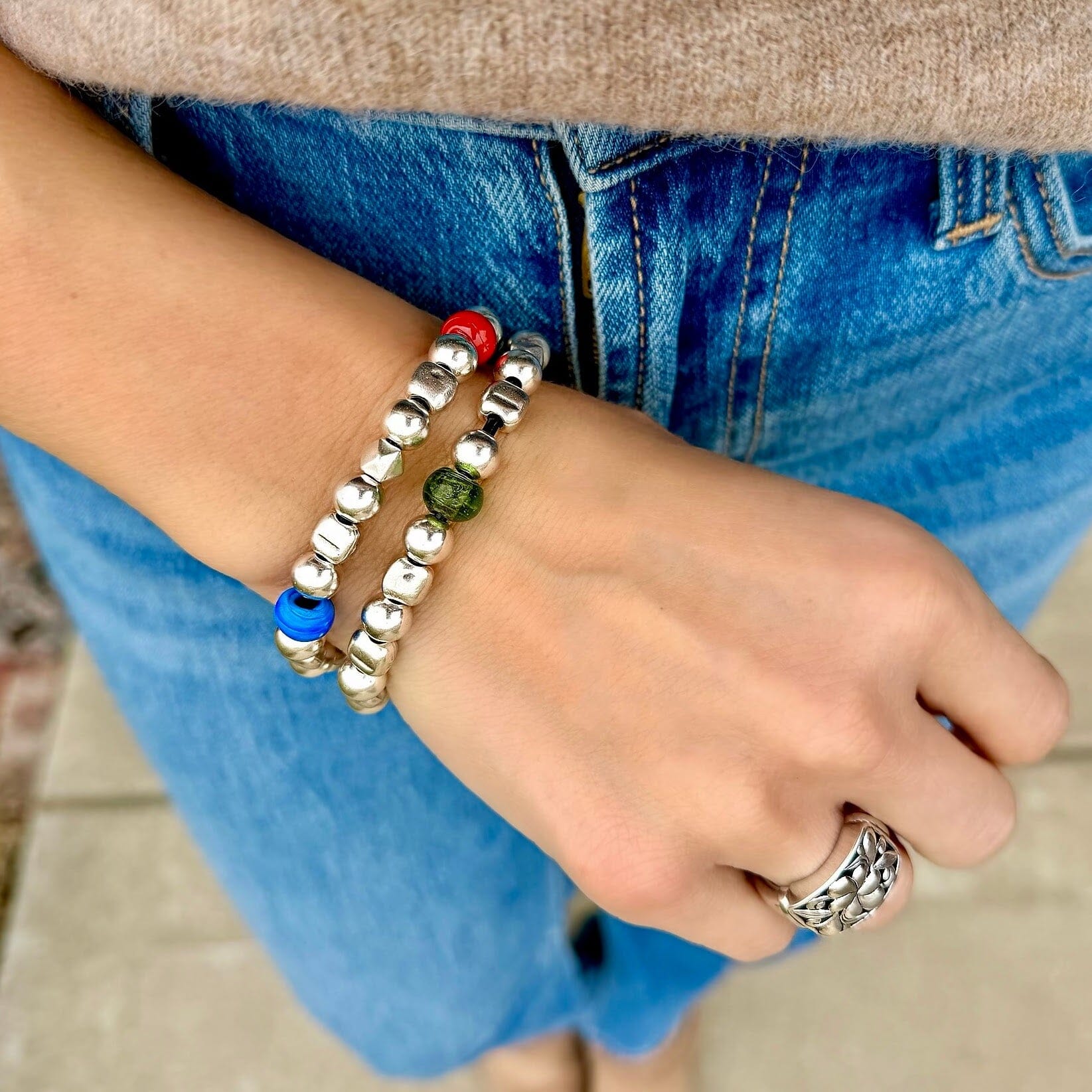 silver and murano glass beaded bracelet