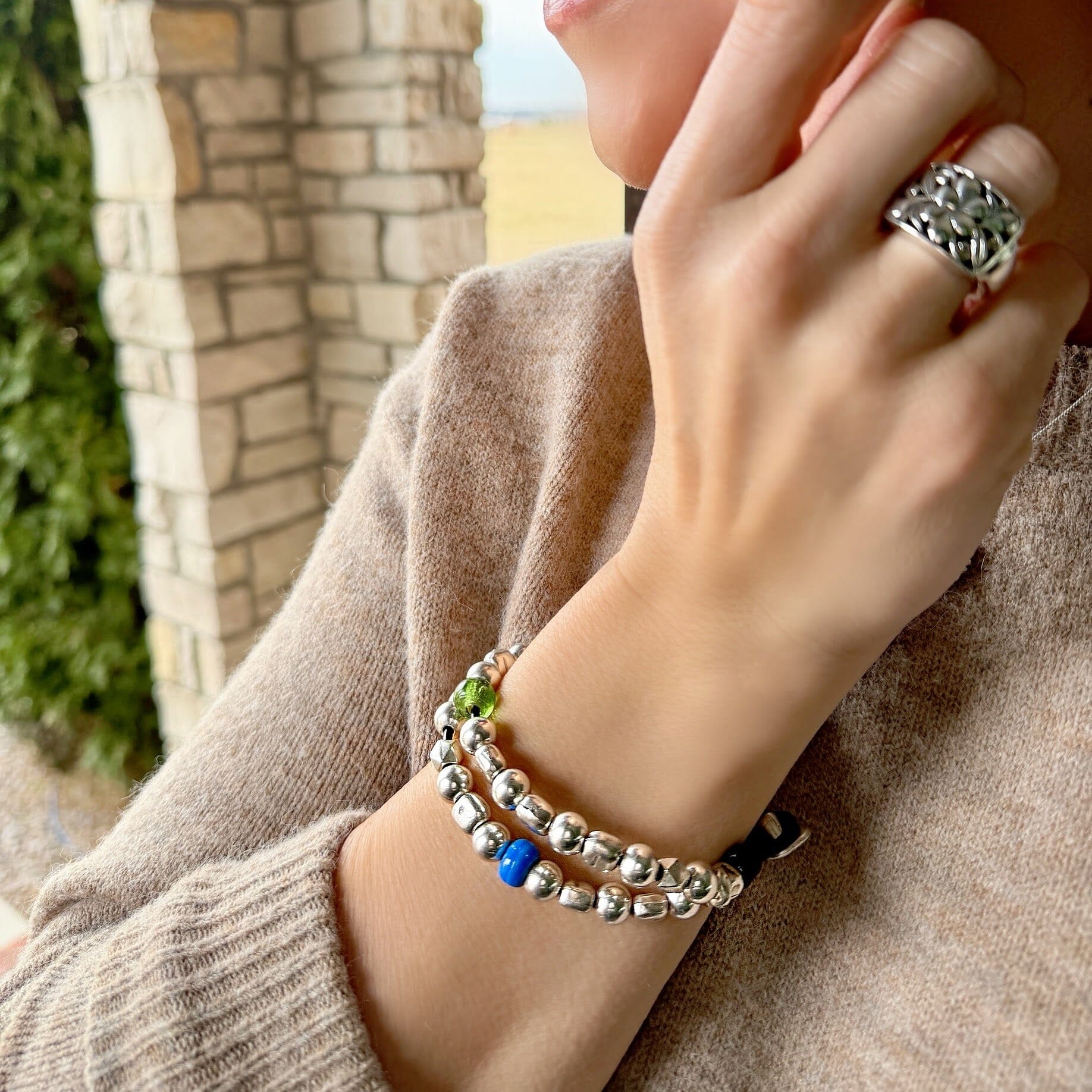 Bead Happy Bracelet paired with silver jewelry