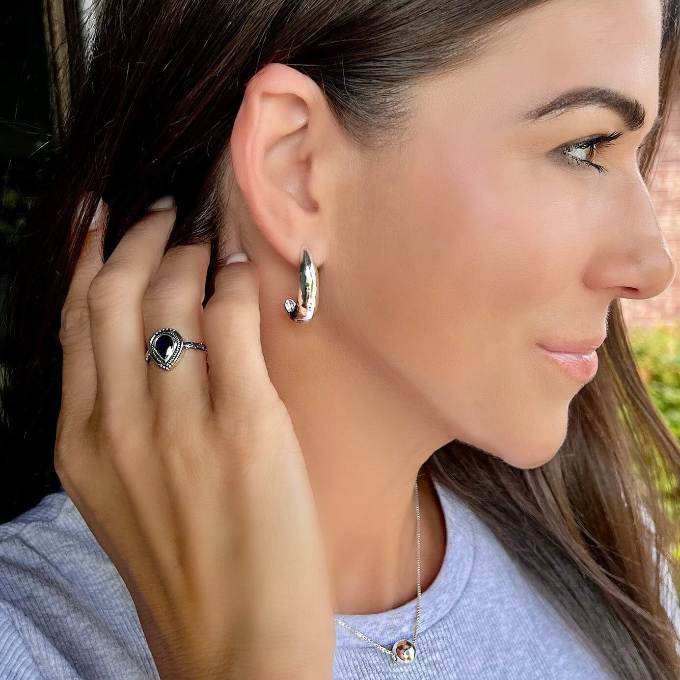 Bend the Rules Earrings paired with Bead-It Necklace and Carolina Plum Ring