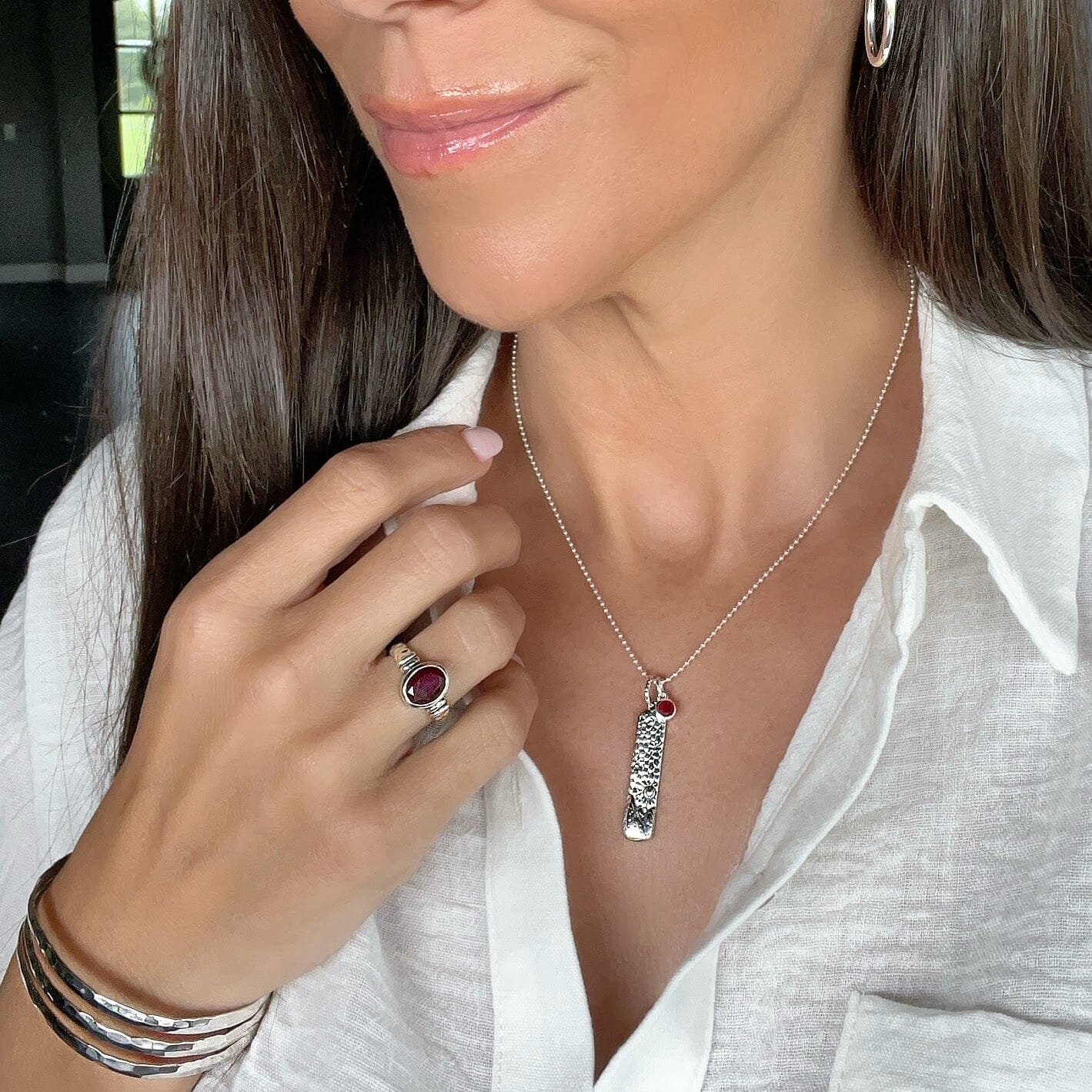 Berry Glam Ring paired with Shine Bright Necklace with a ruby birthstone