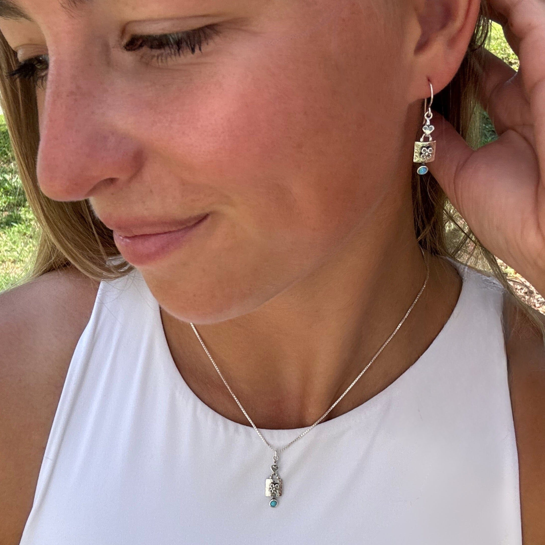 matching floral and opal necklace and earrings in .925 sterling silver