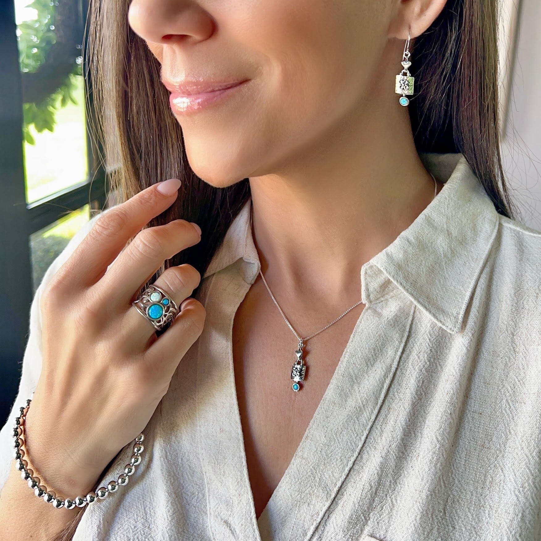 matching opal Best Loved Necklace and Earrings paired with I Dream in Opal Ring