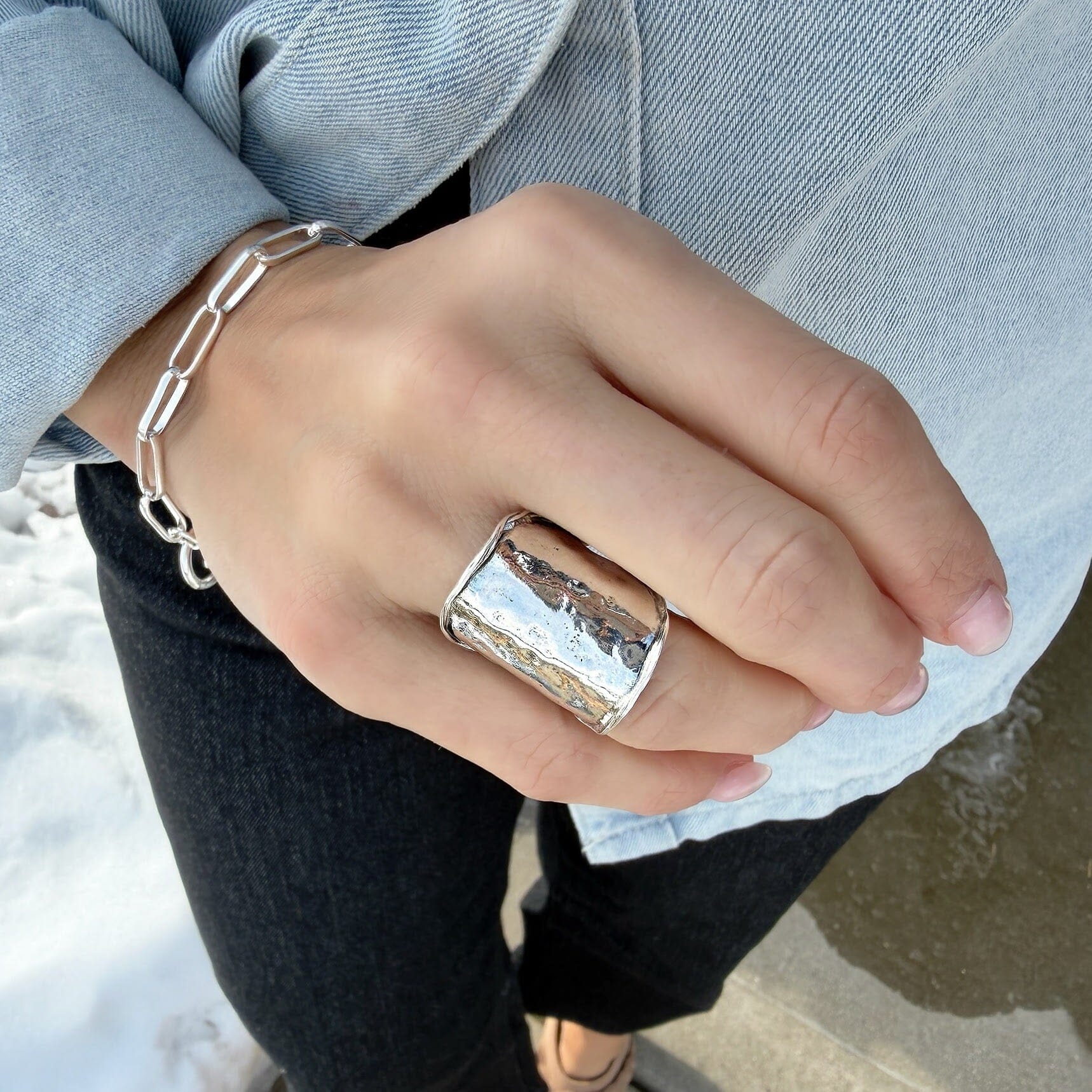 chunky silver ring with a hammered finish