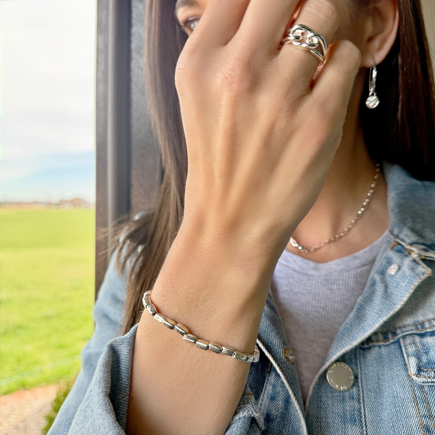 silver bracelet with rectangular beads