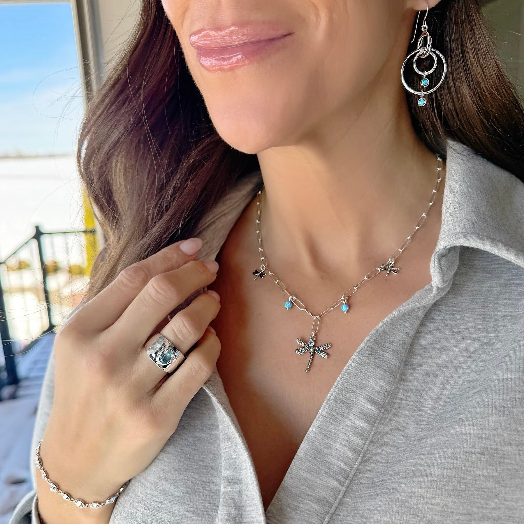 Dragon fly necklace with reconstructed opal beads