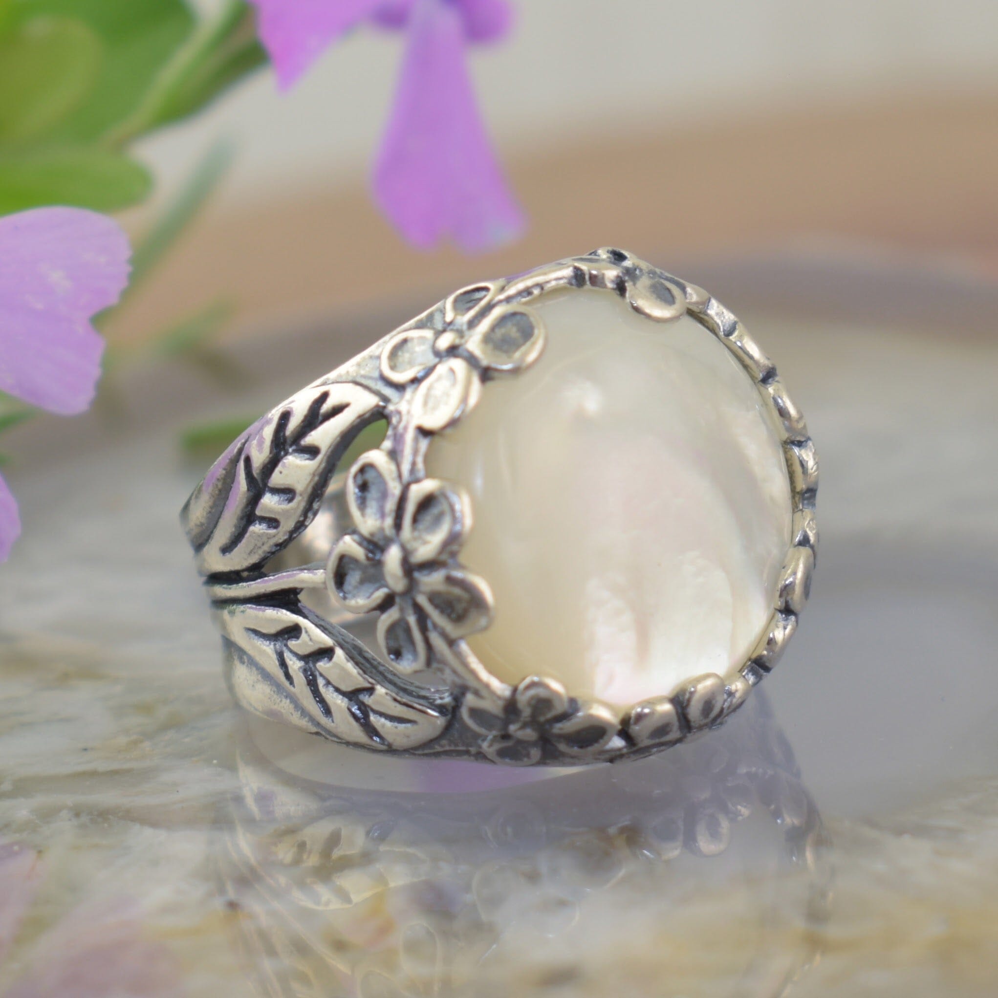 Sterling silver wide band ring with detailed band