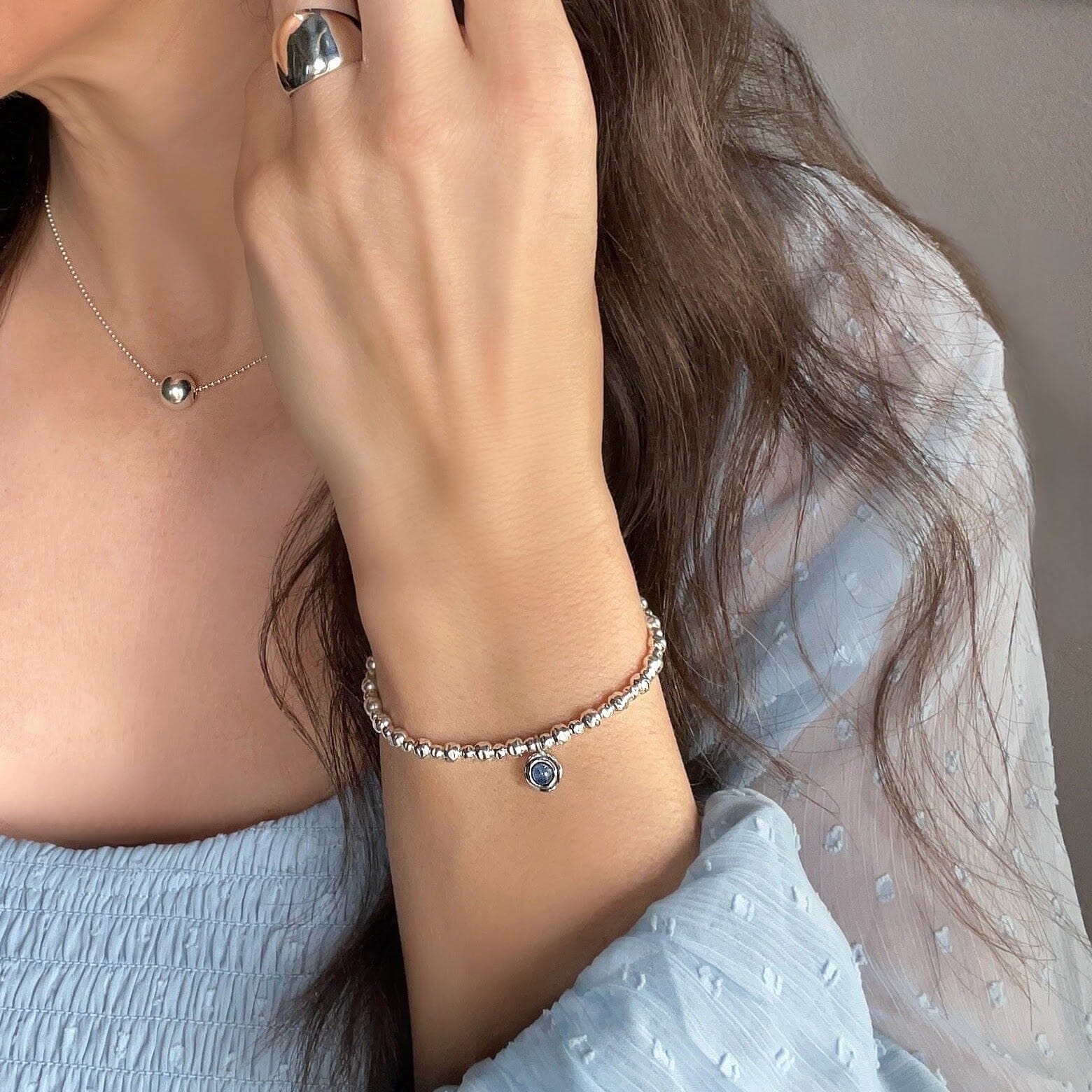 Blue Jean Bracelet paired with Classic Dome Ring and Up-Tempo Necklace