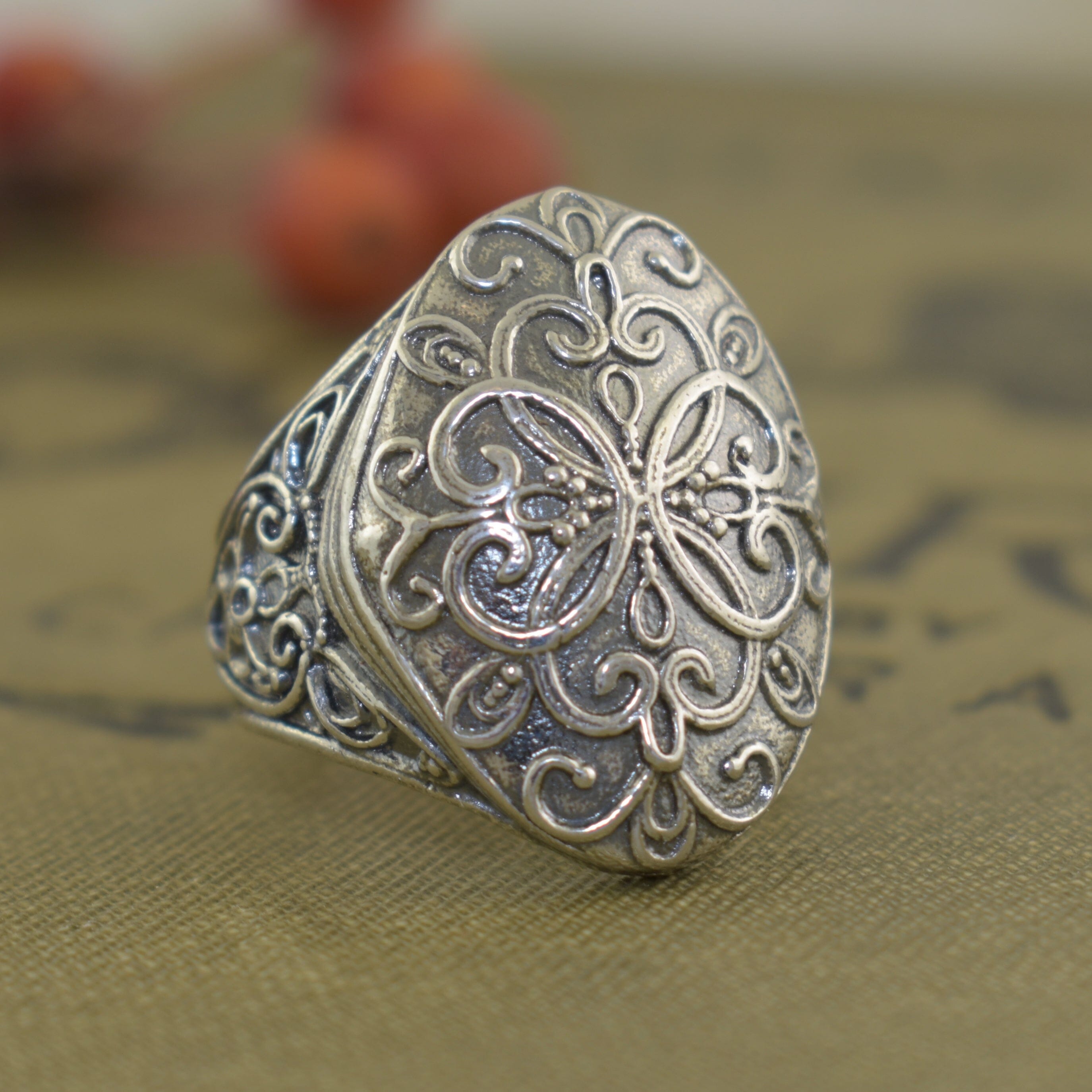 bold oxidized sterling silver ring with swirl details