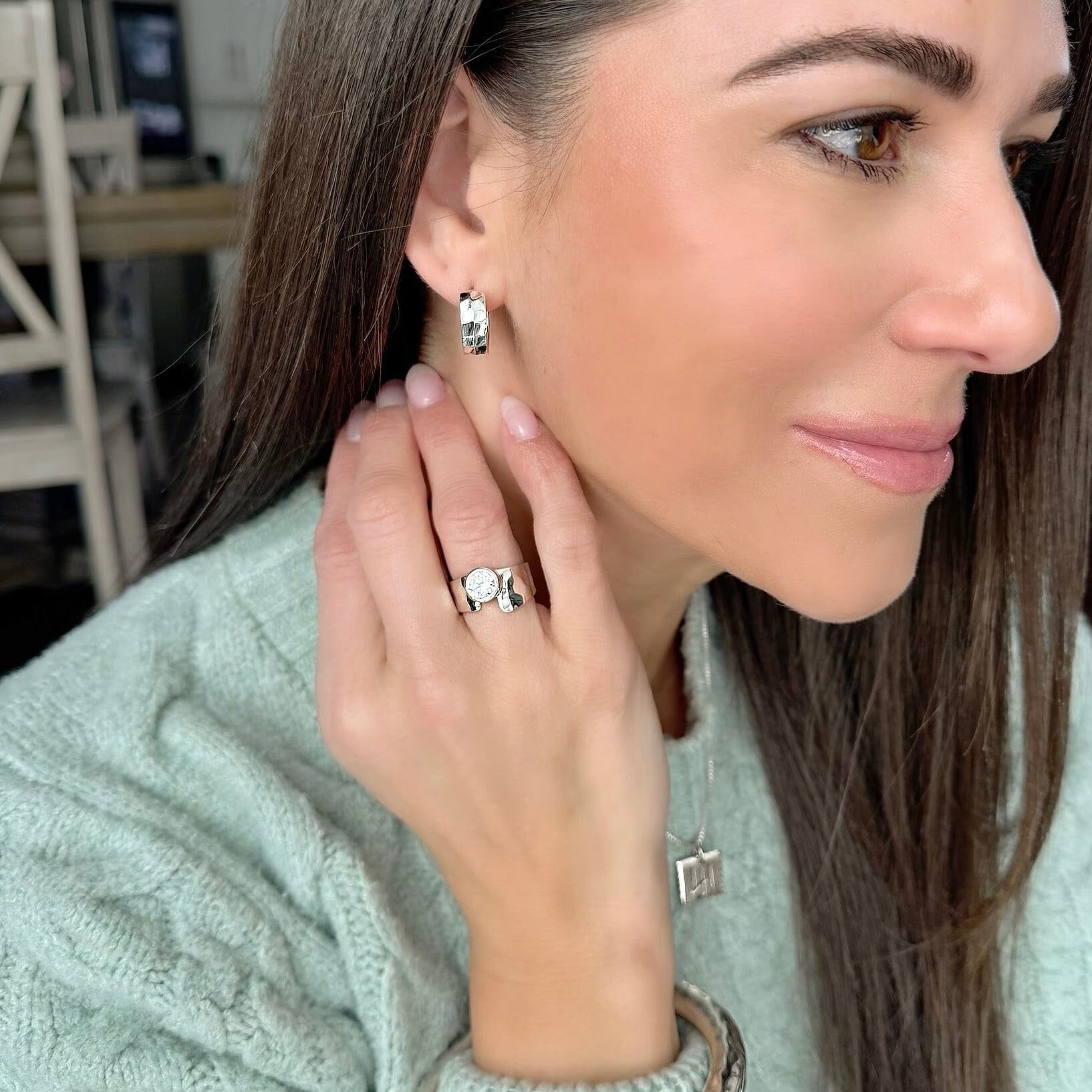 Bold Shine Huggie Earrings paired with .925 Sterling silver jewelry