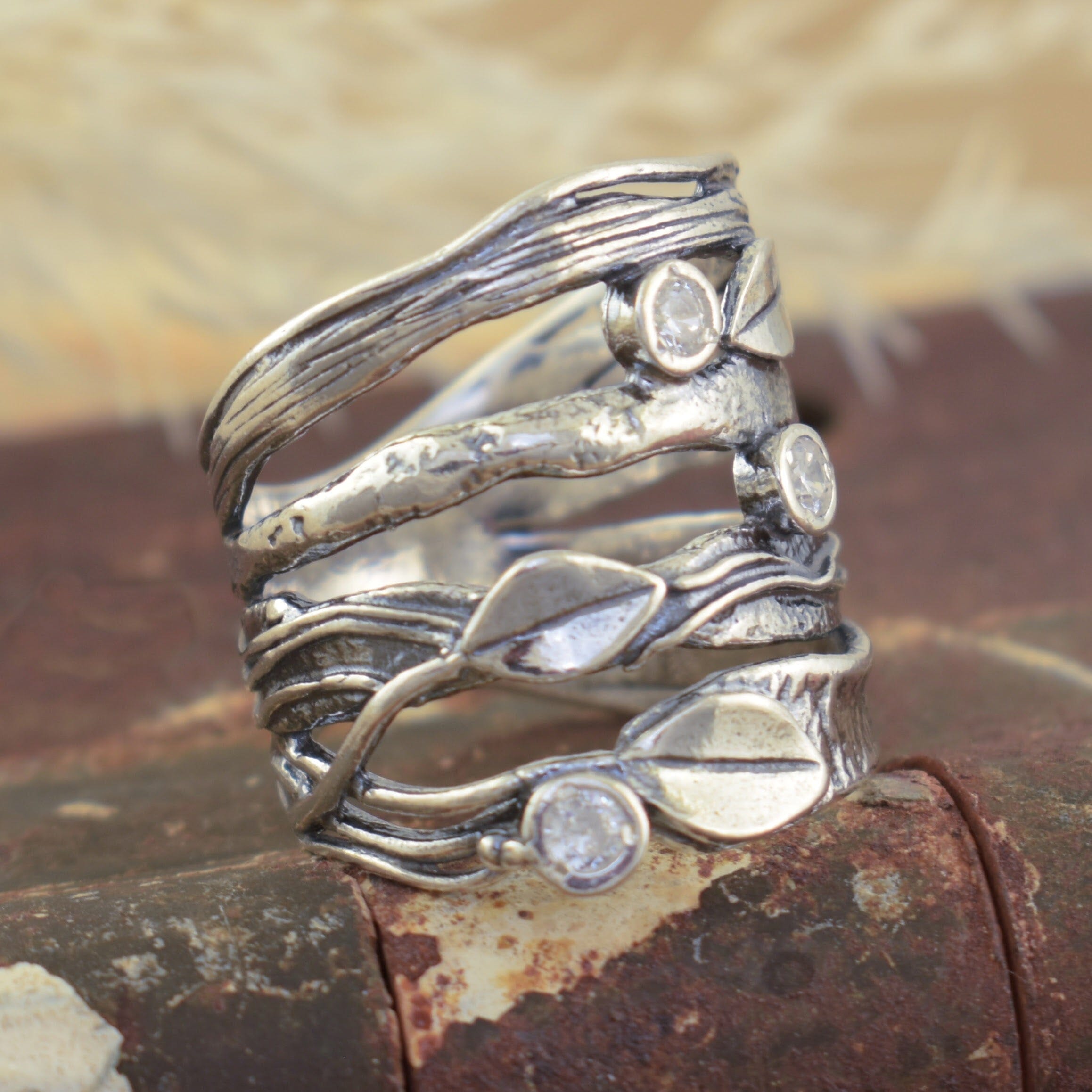 Branch out ring with clear cz stones