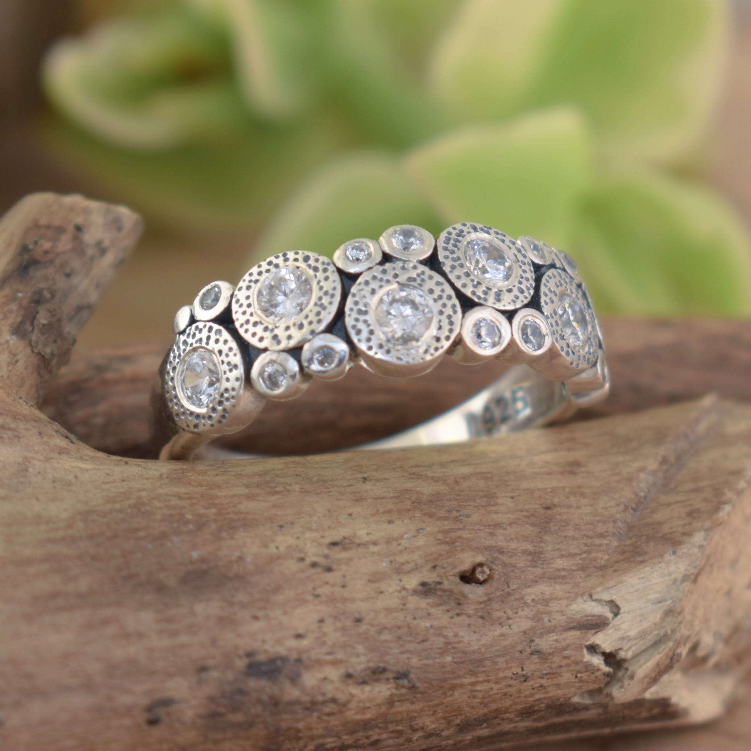 Handcrafted sterling silver bubble ring with cubic zirconia