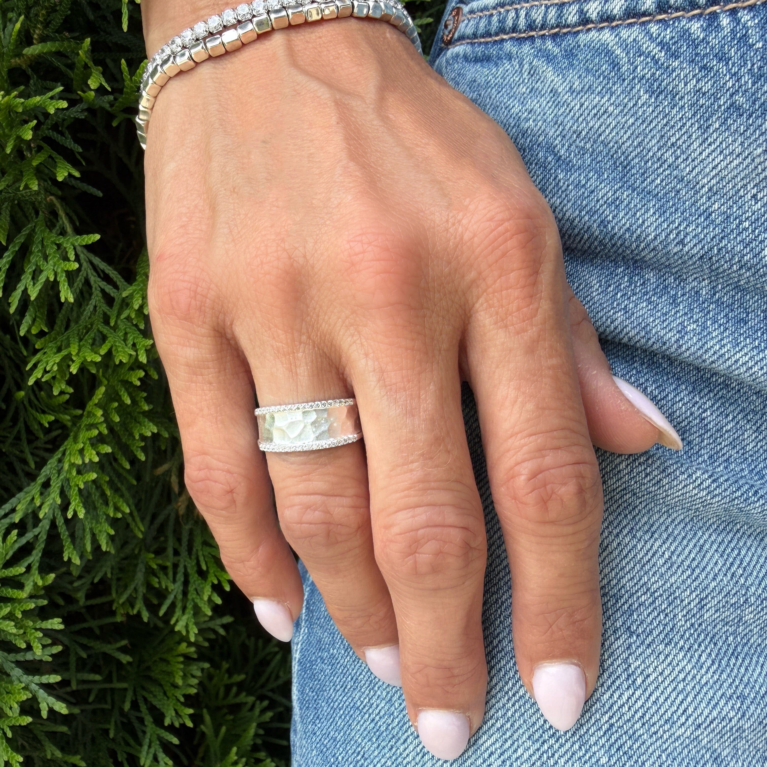 medium width hammered band line with CZs