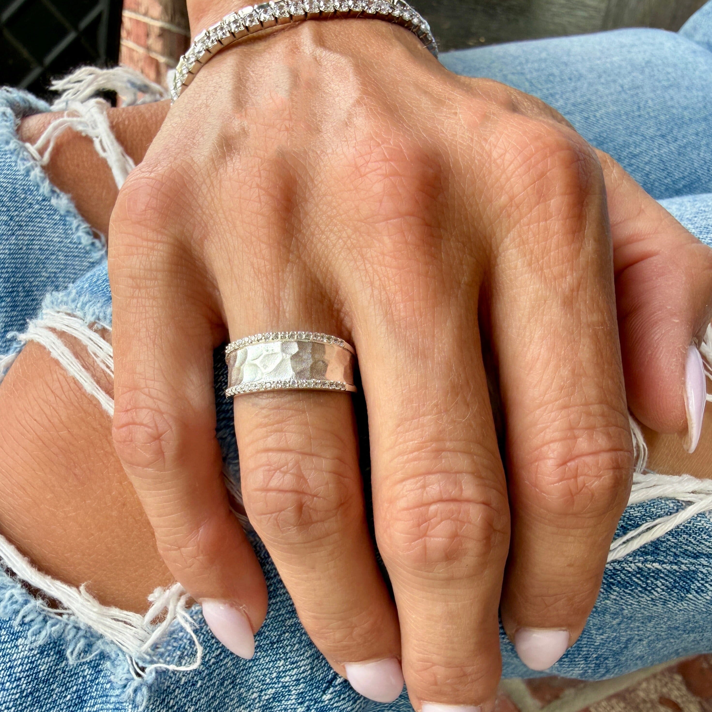 hammered sterling silver ring with CZs