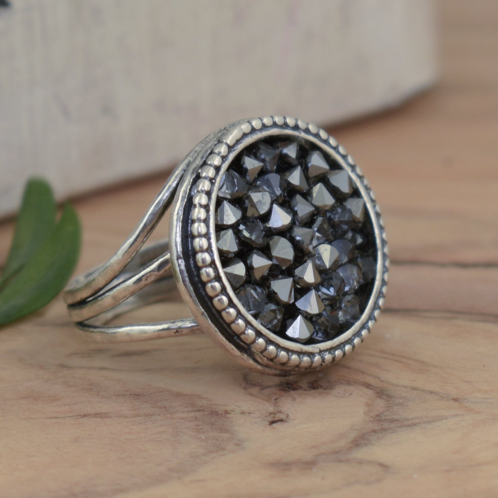 statement designer ring in sterling silver with black Austrian crystals in the center