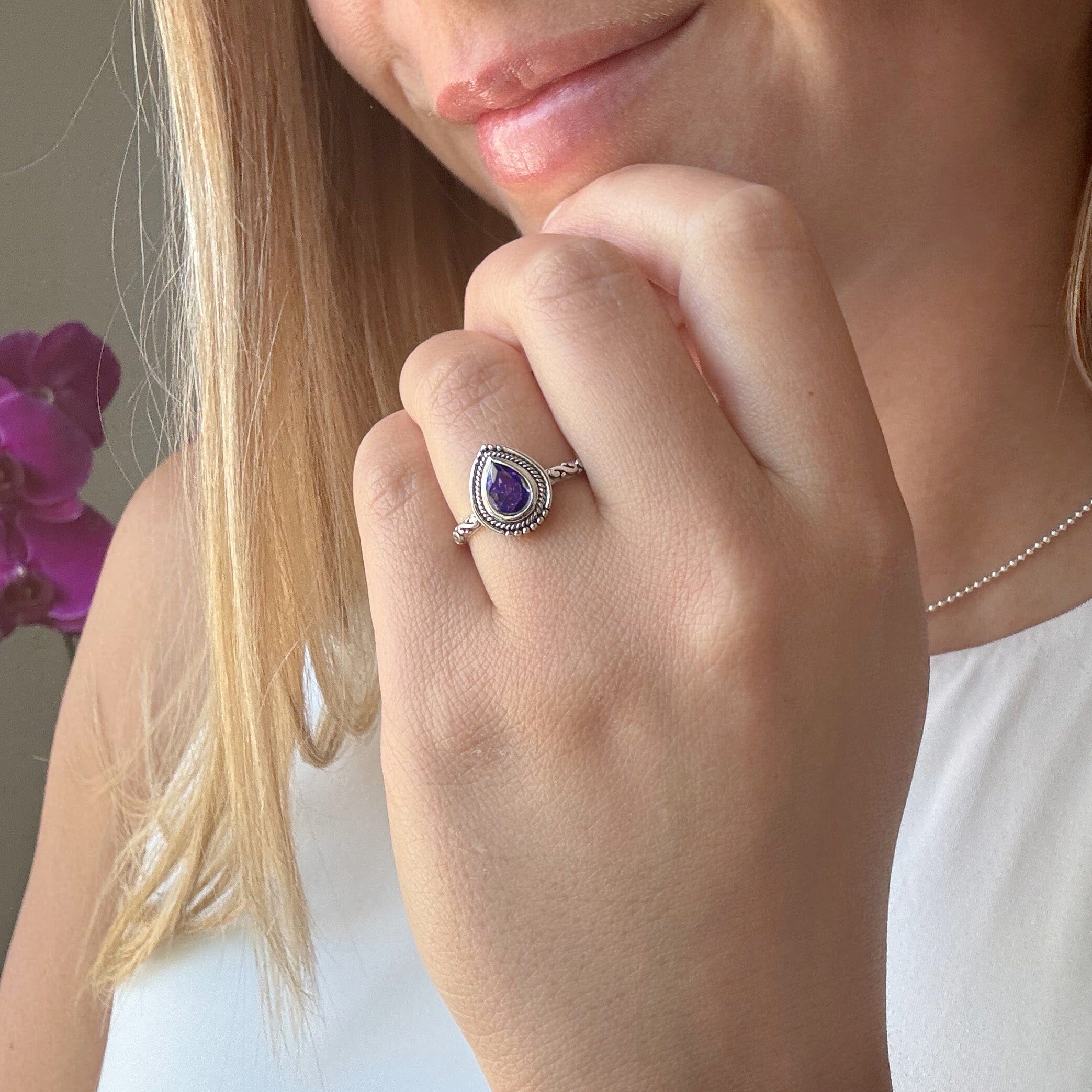 purple cz pear-shaped ring in sterling silver