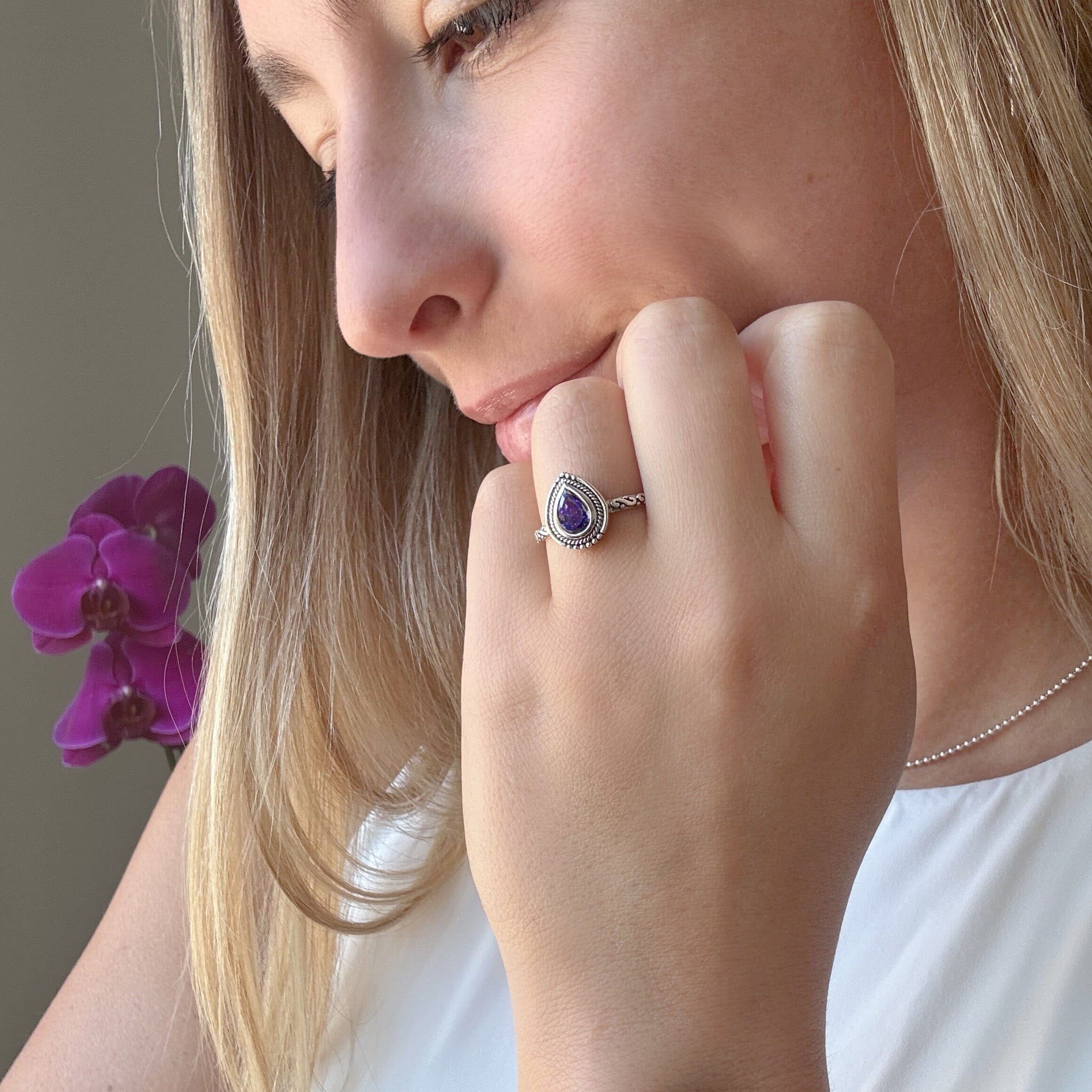 purple cz stone bezel set in designer .925 sterling silver