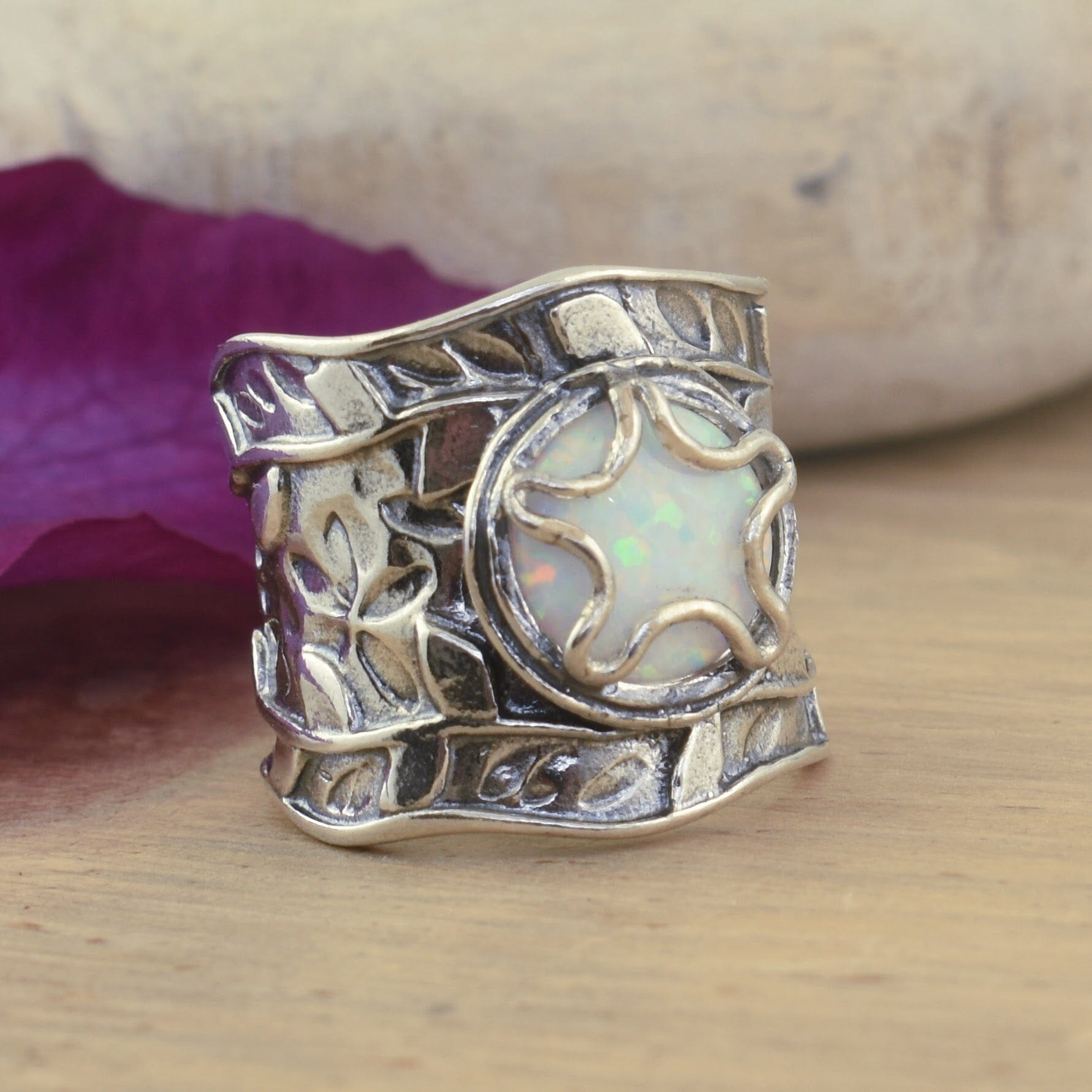 .925 sterling silver wide band ring with white opal stone