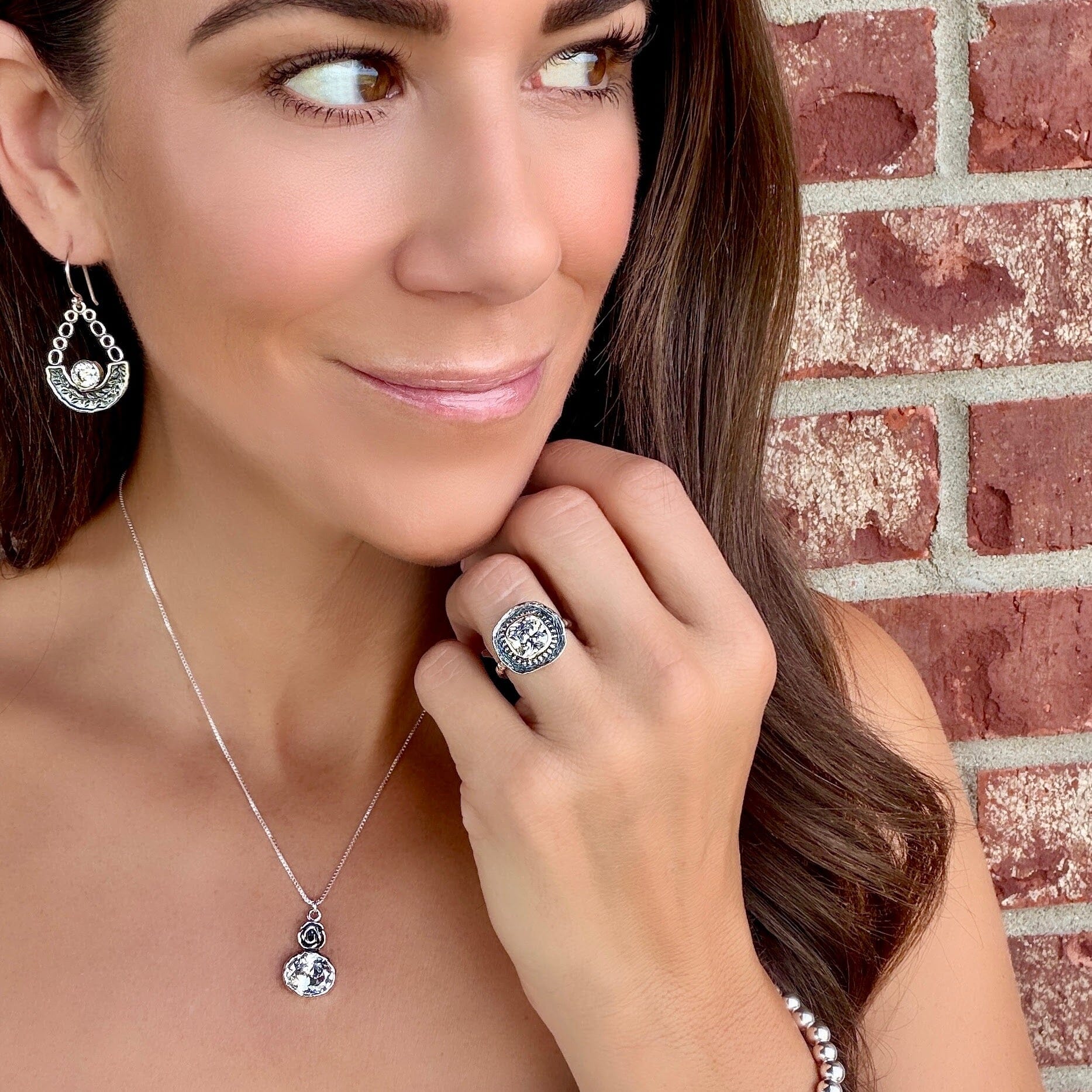 Chaco Canyon Ring paired with Beaded Stack Bracelet, Rose Mary Necklace, and Ivy Arcade Earrings