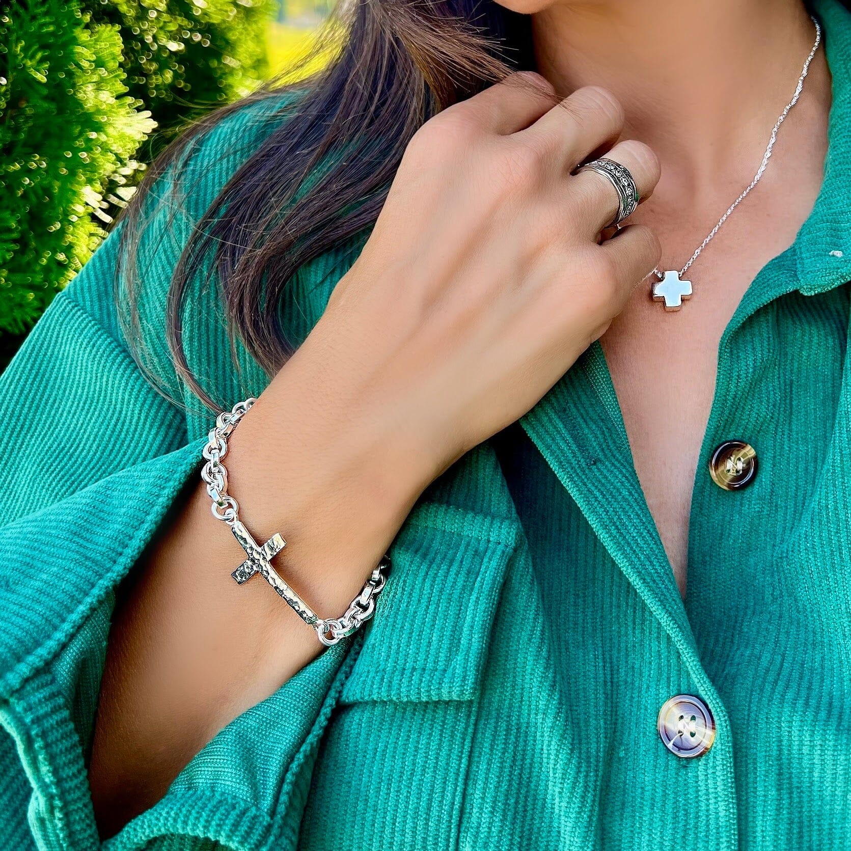 Cherished one bracelet paired with Glisten up girl ring and the southwest crossing necklace