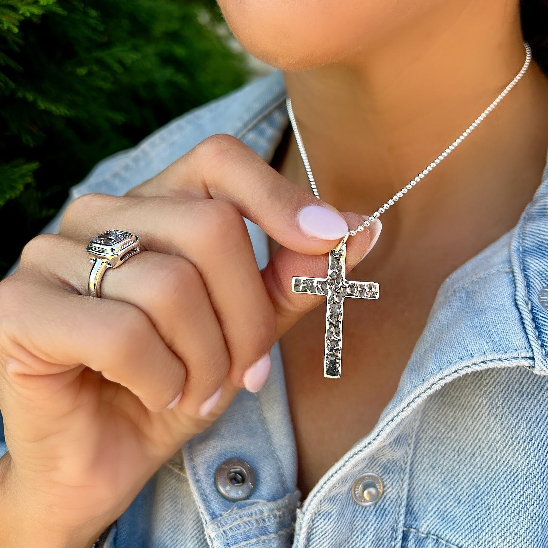 Sterling silver hammered cross necklace