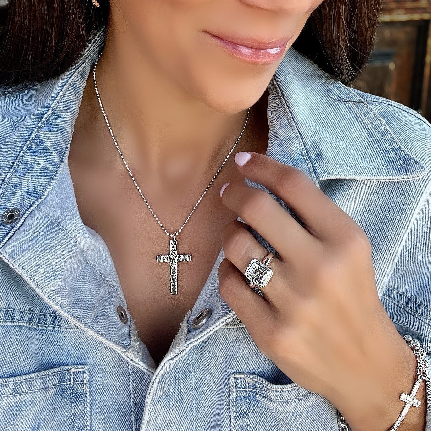 sterling silver handcrafted necklace on a bead chain paired with the tiffany ring and cherished on bracelet