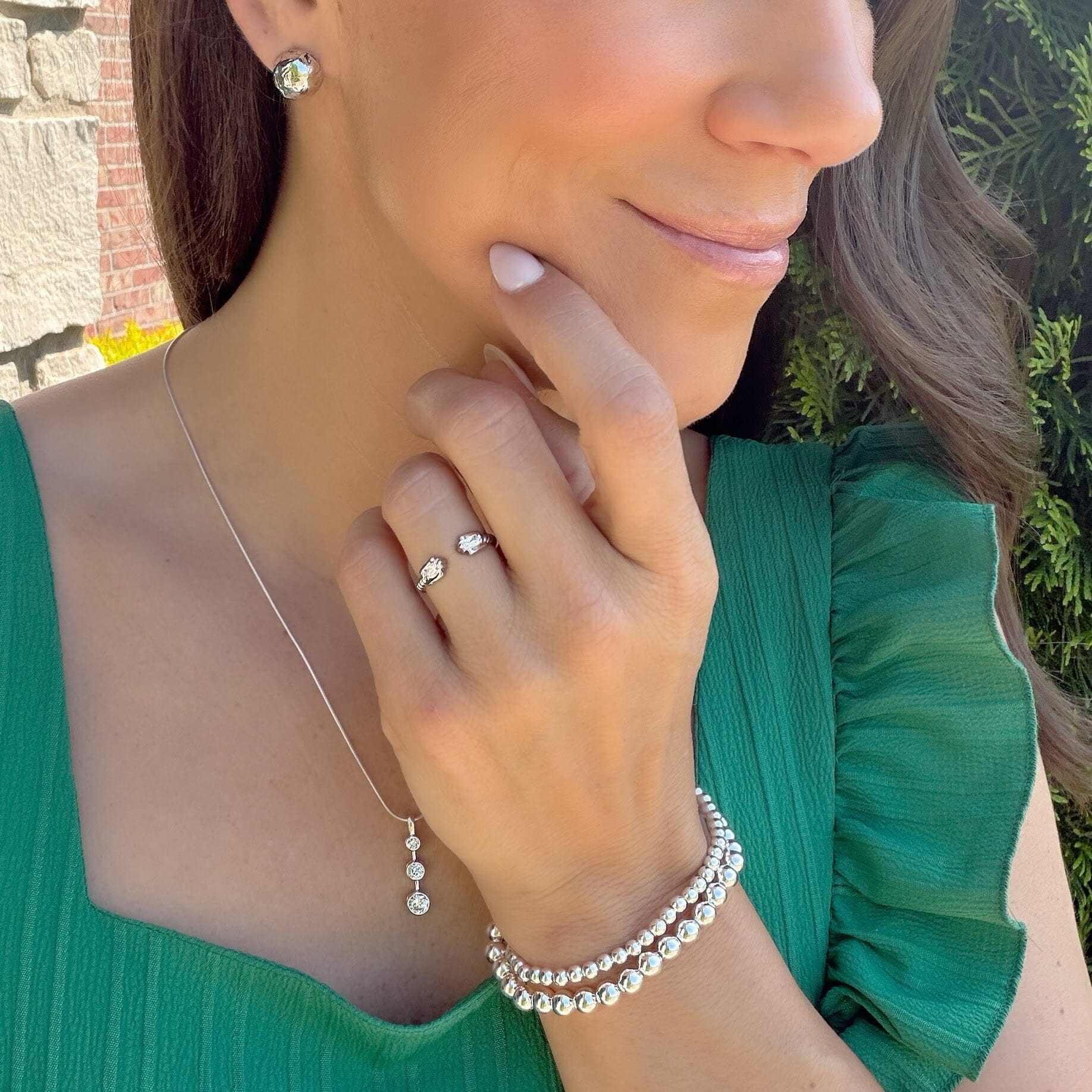 Chic Shine ring paired with the Beaded stack bracelet 6mm and 4mm with the I am necklace and silver dune earrings