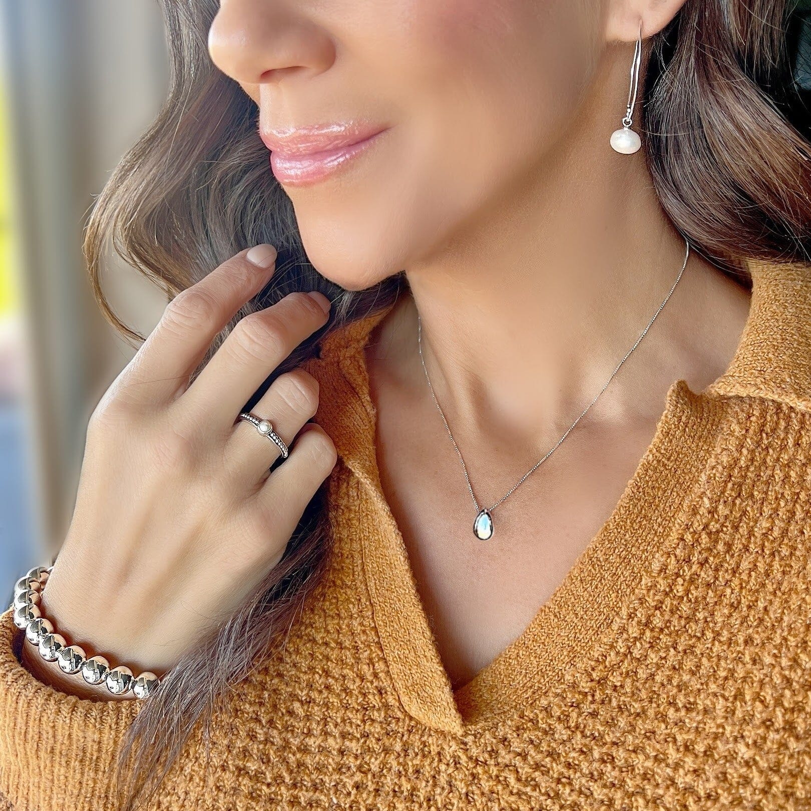 Classic Drop necklace paired with pearly girl earring, beaded pearl ring and classic bead bracelet