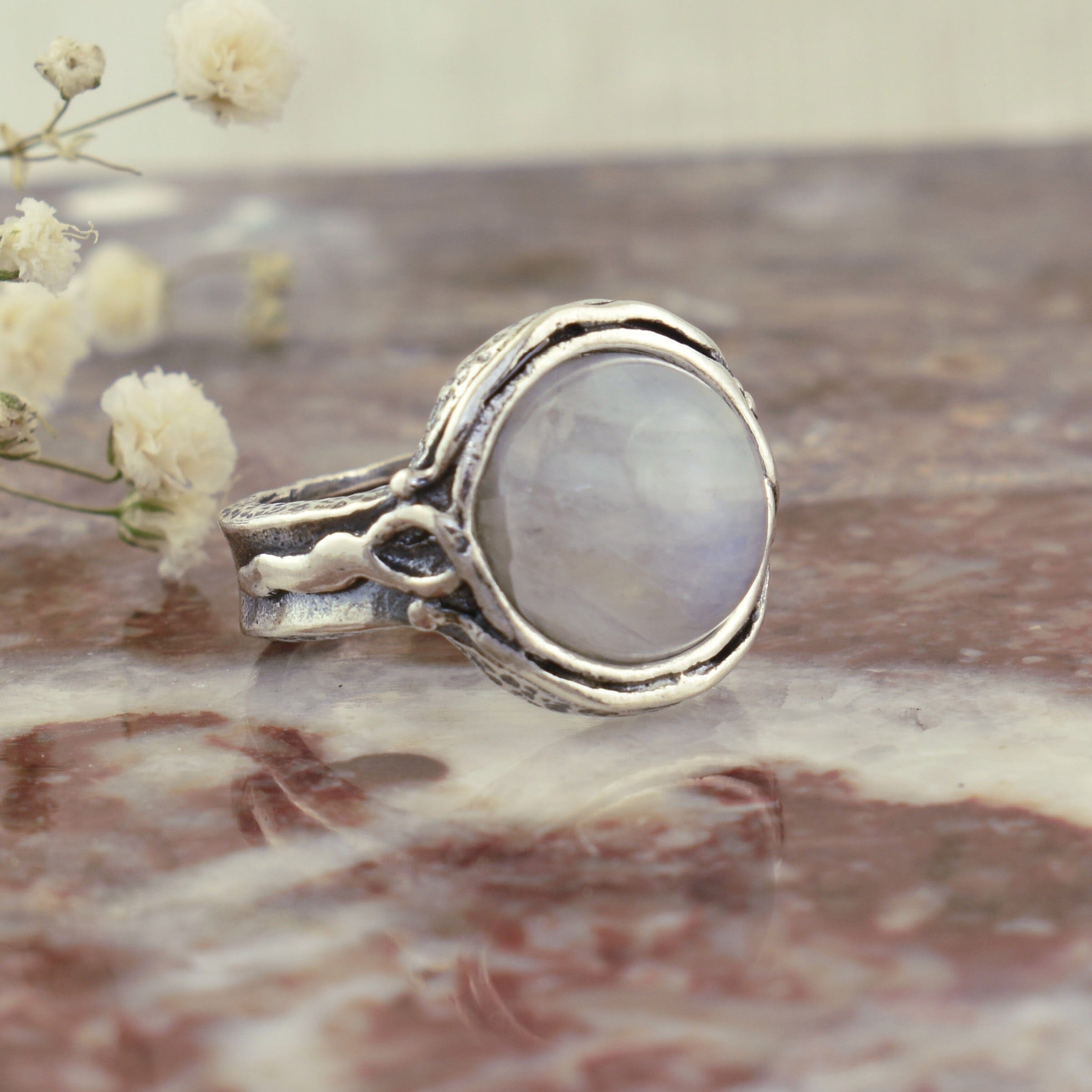 .925 sterling silver ring with round moonstone