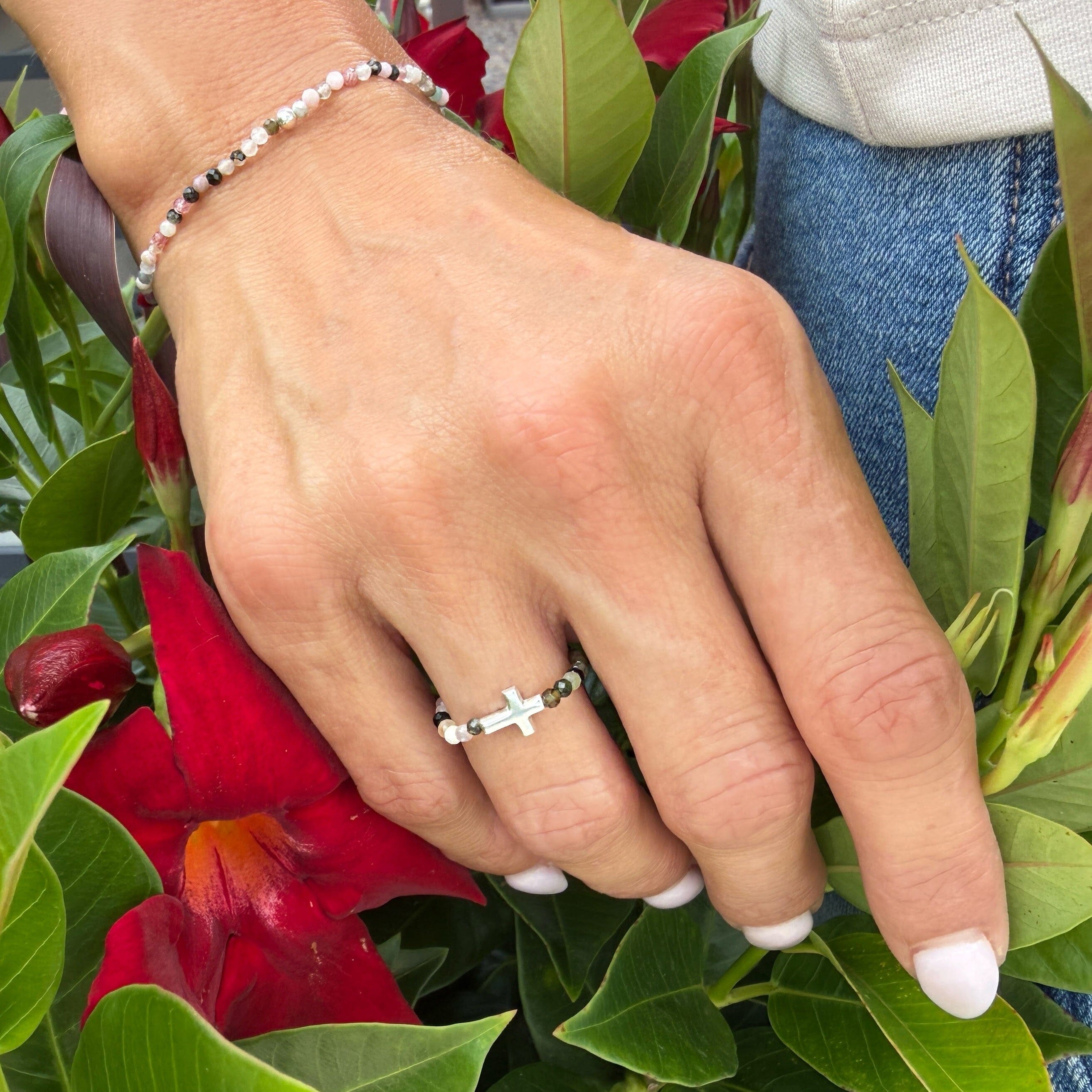 stretch cross ring with various colored beads