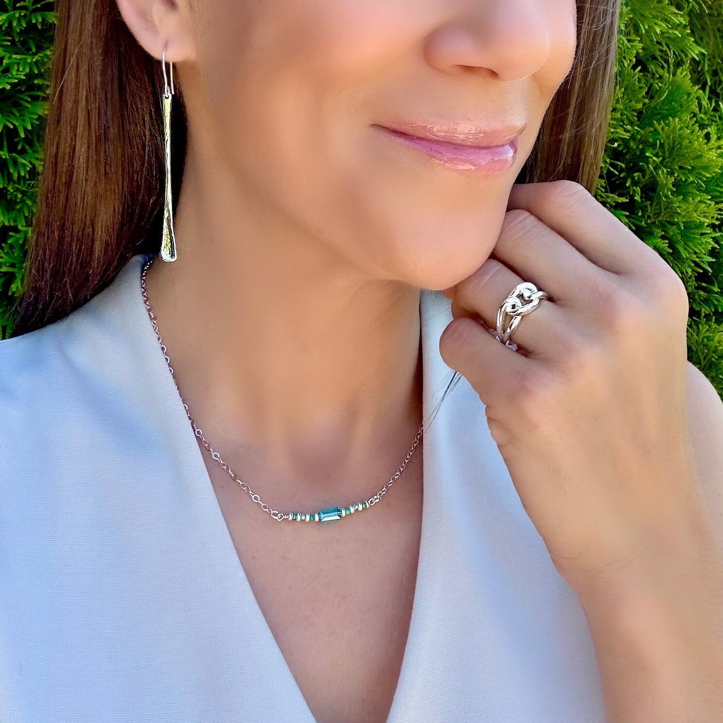 Coastline necklace paired with the Tied in three ring and Up a creek earrings