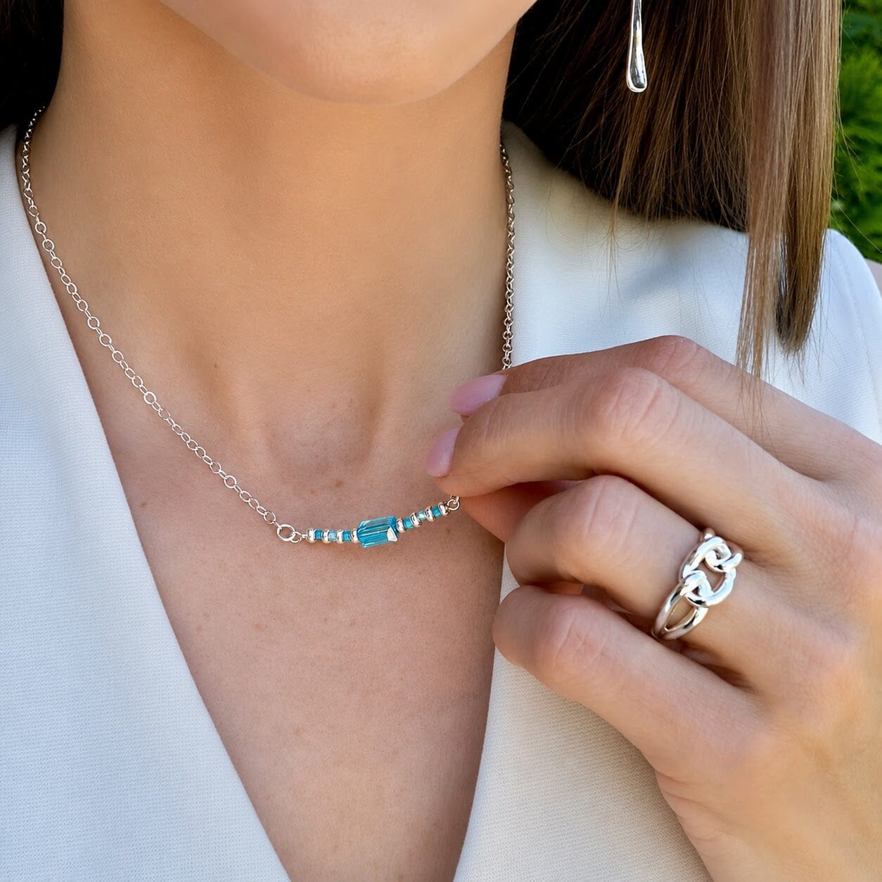 Sterling silver bar necklace with turquoise and blue stones