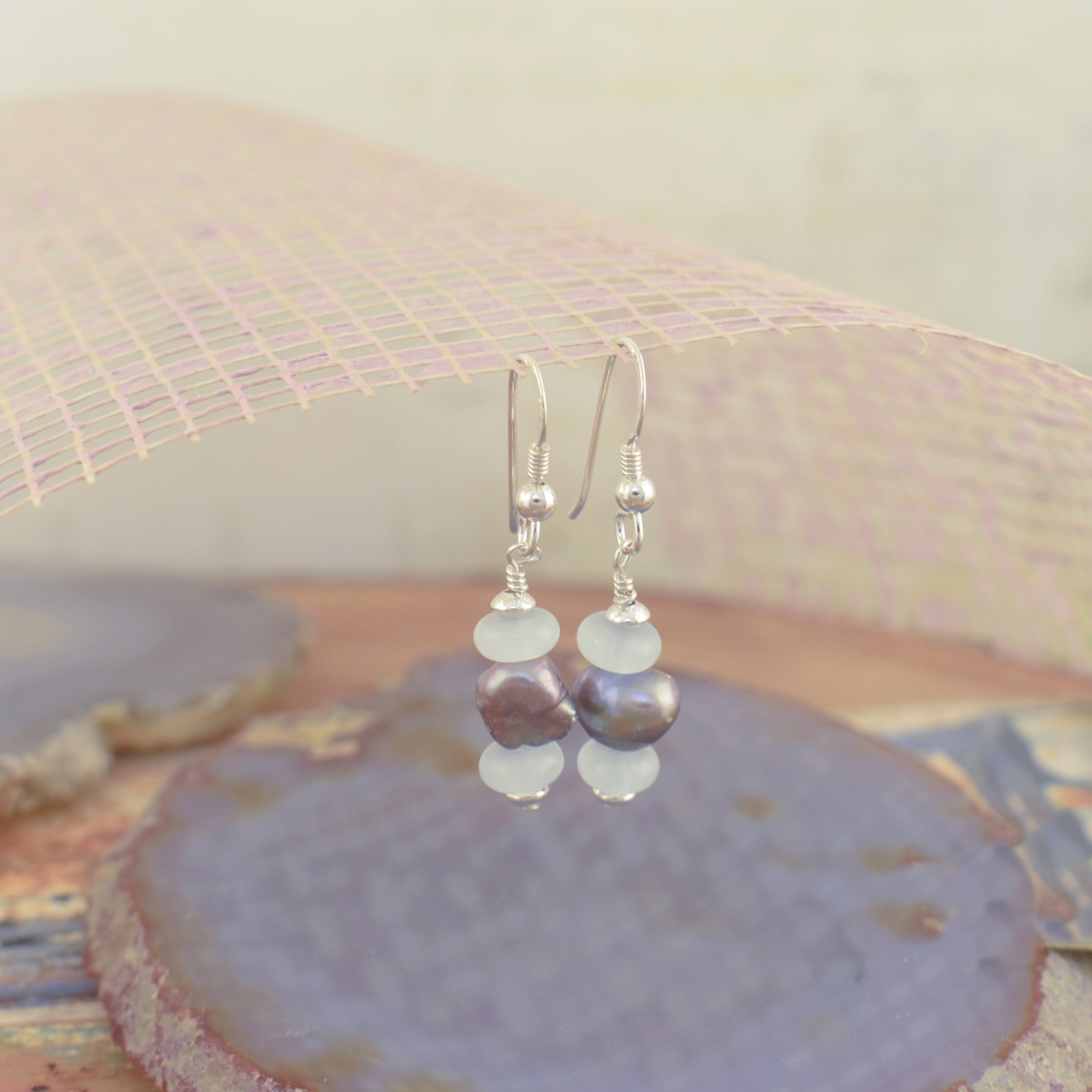 Sterling silver jade and freshwater pearl earrings