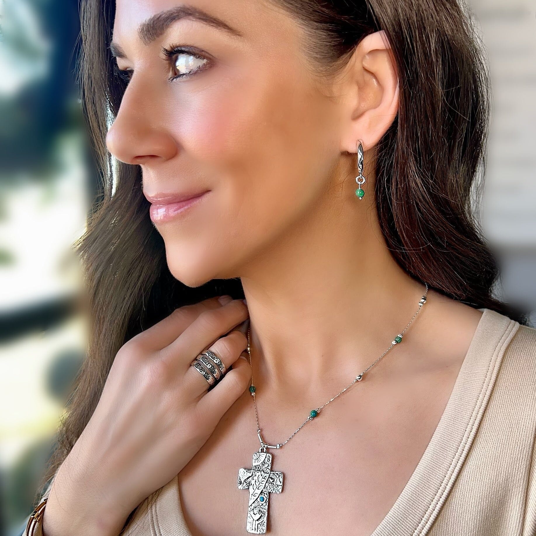.925 country road earrings paired with DeCristo necklace and just say'n ring