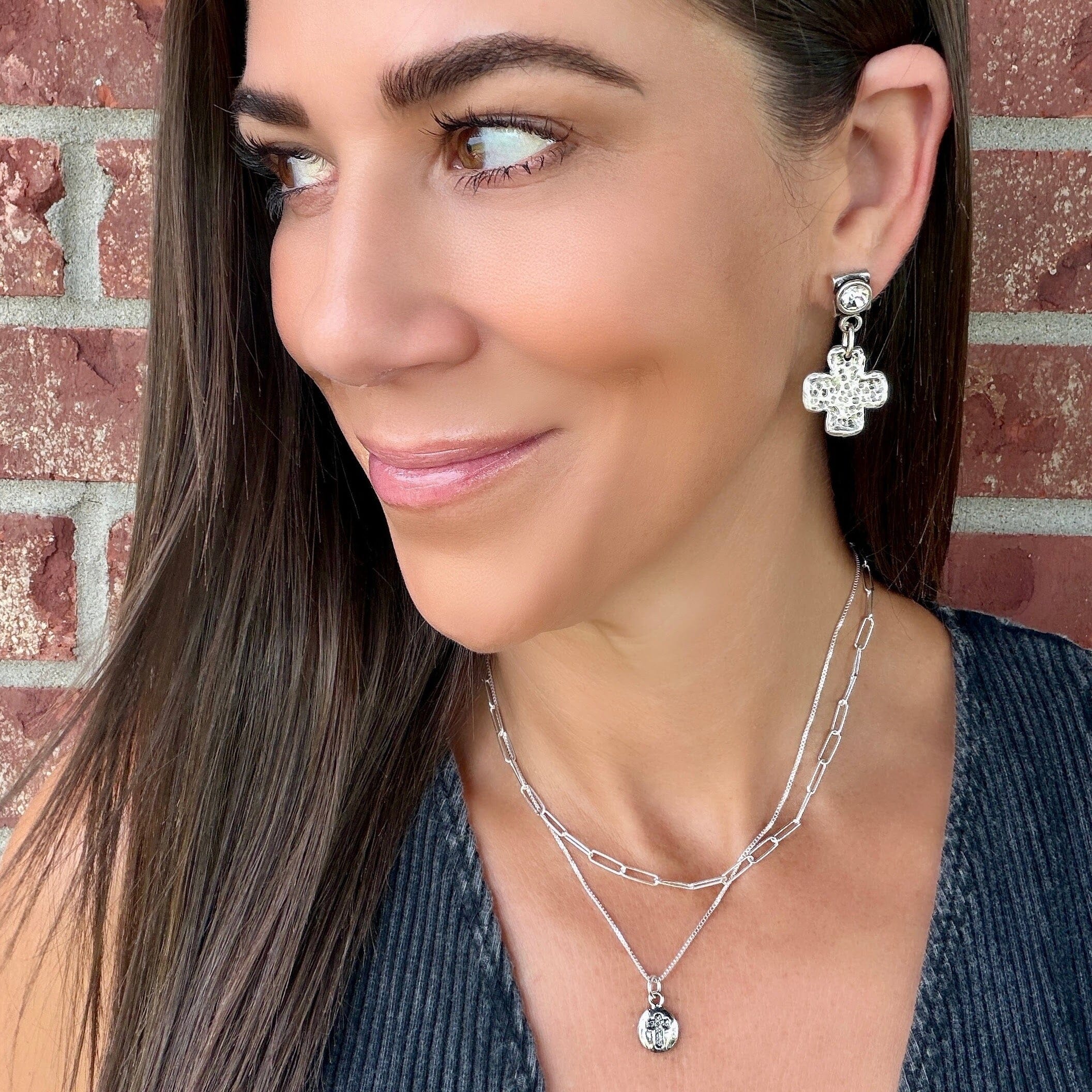 cz stud earrings with a hammered cross dangle