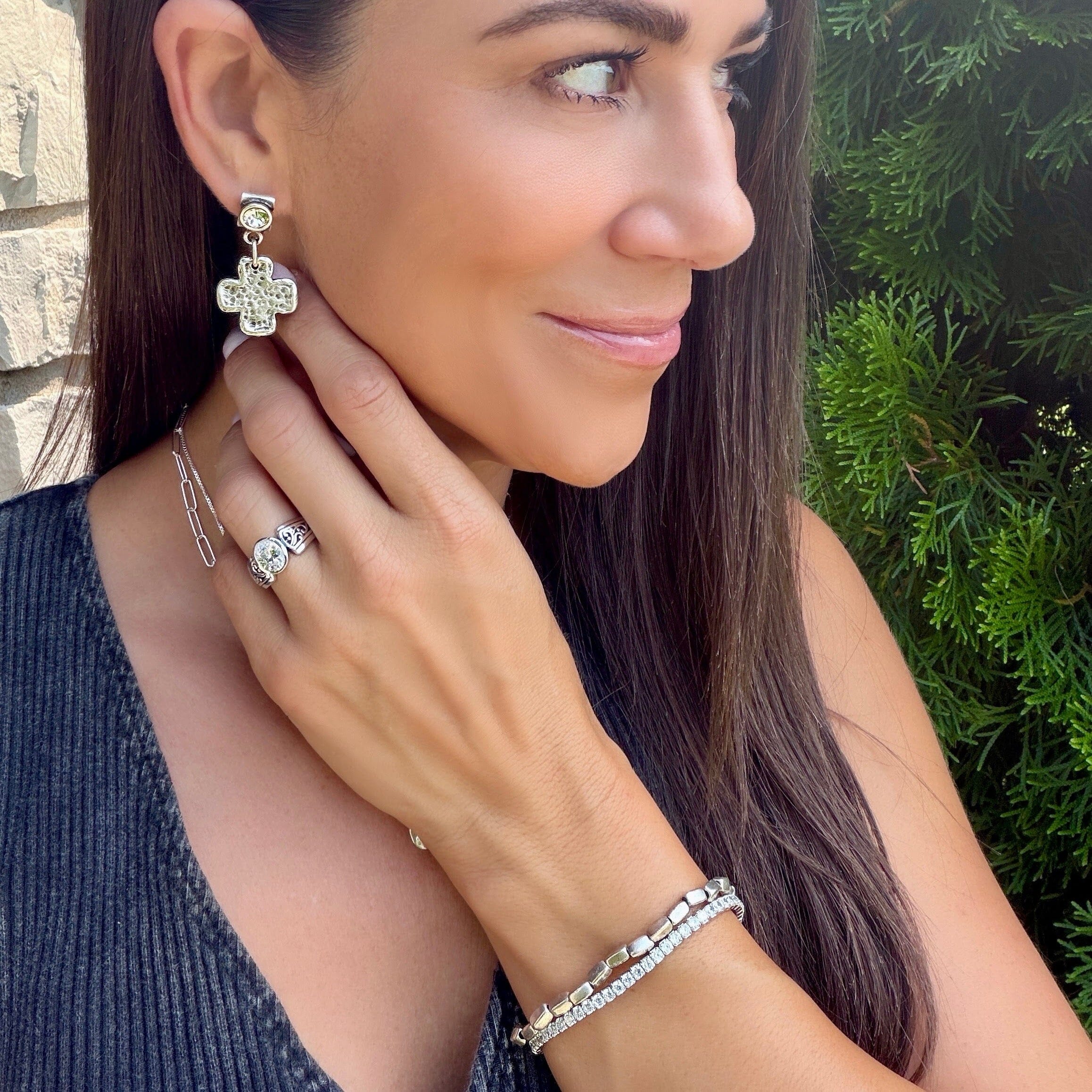silver plated zamak cross earrings