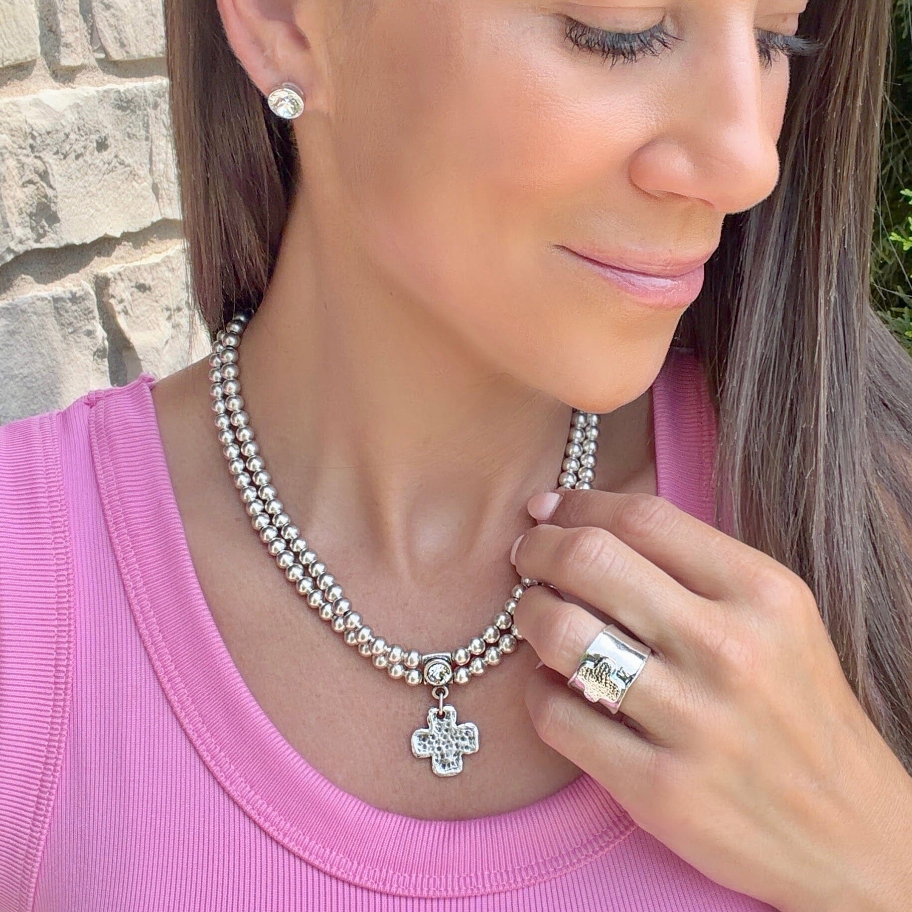 double strand beaded cross necklace