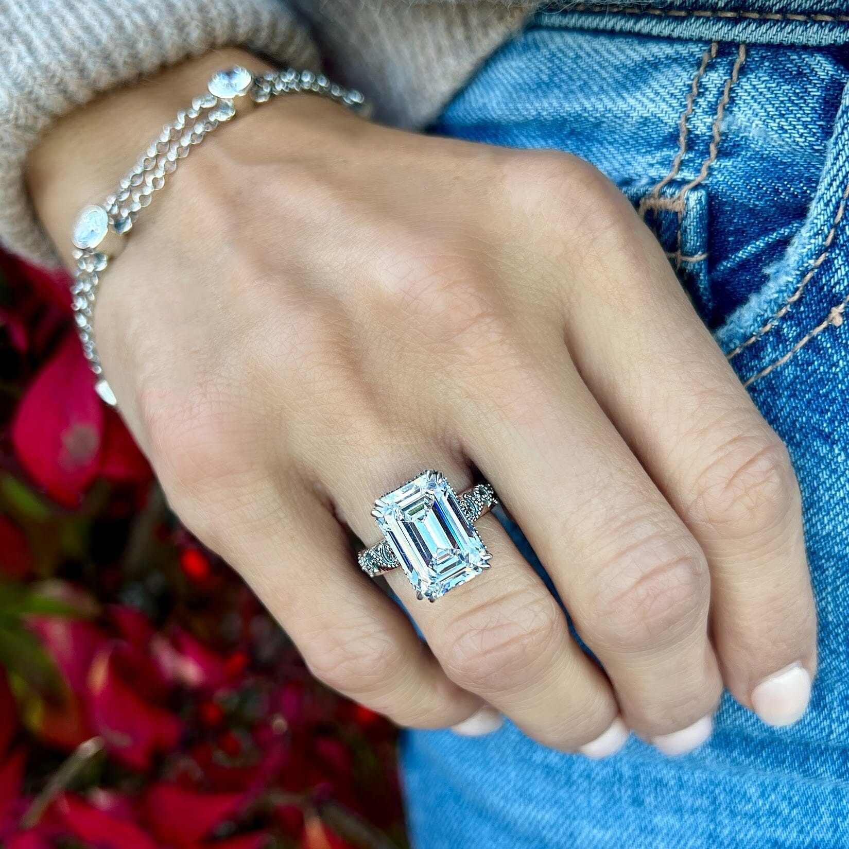 emerald-cut cz stone prong-set in designer sterling silver ring