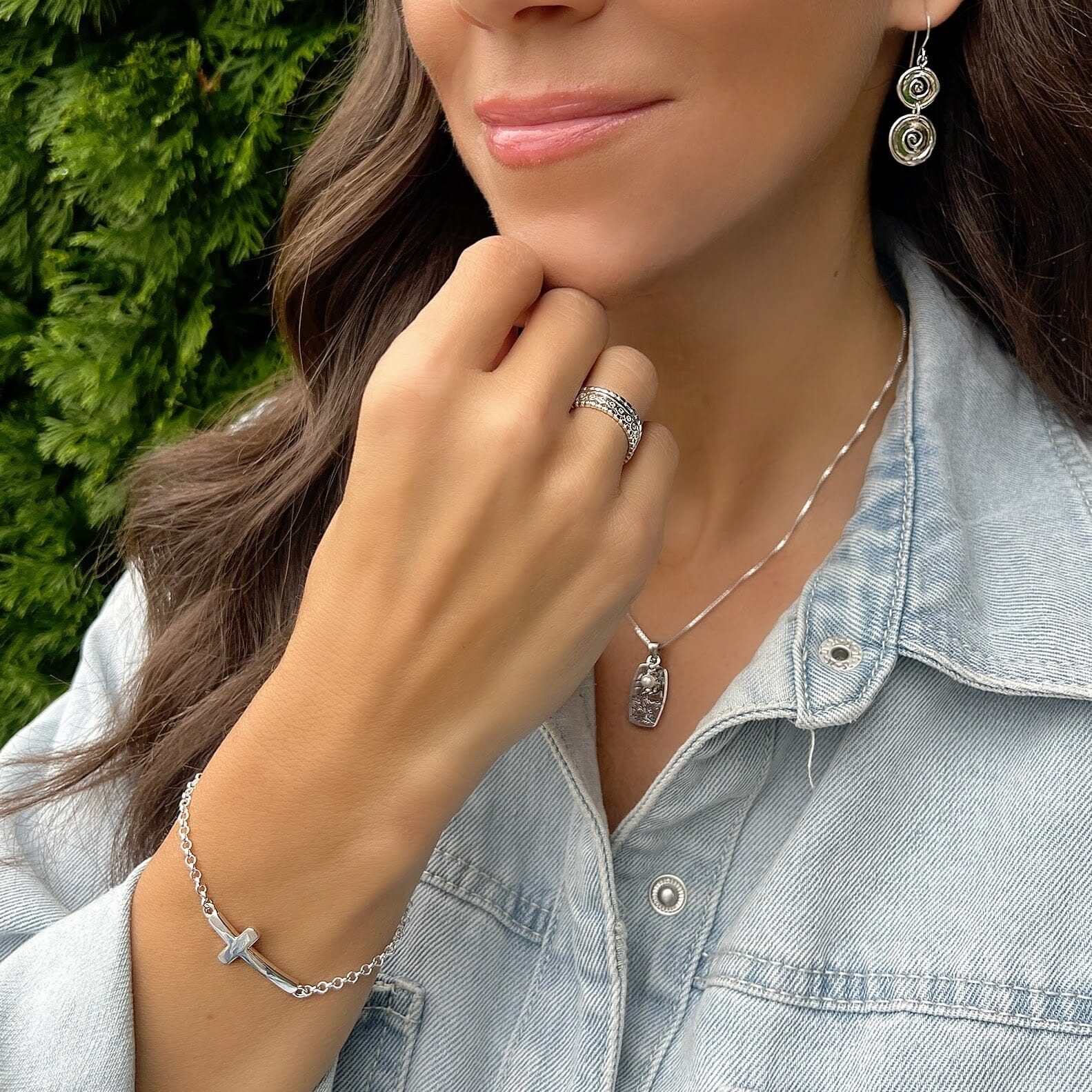 Cross-Ways Bracelet paired with Simple Stack Ring, It Takes Two Earrings, and With Faith Necklace