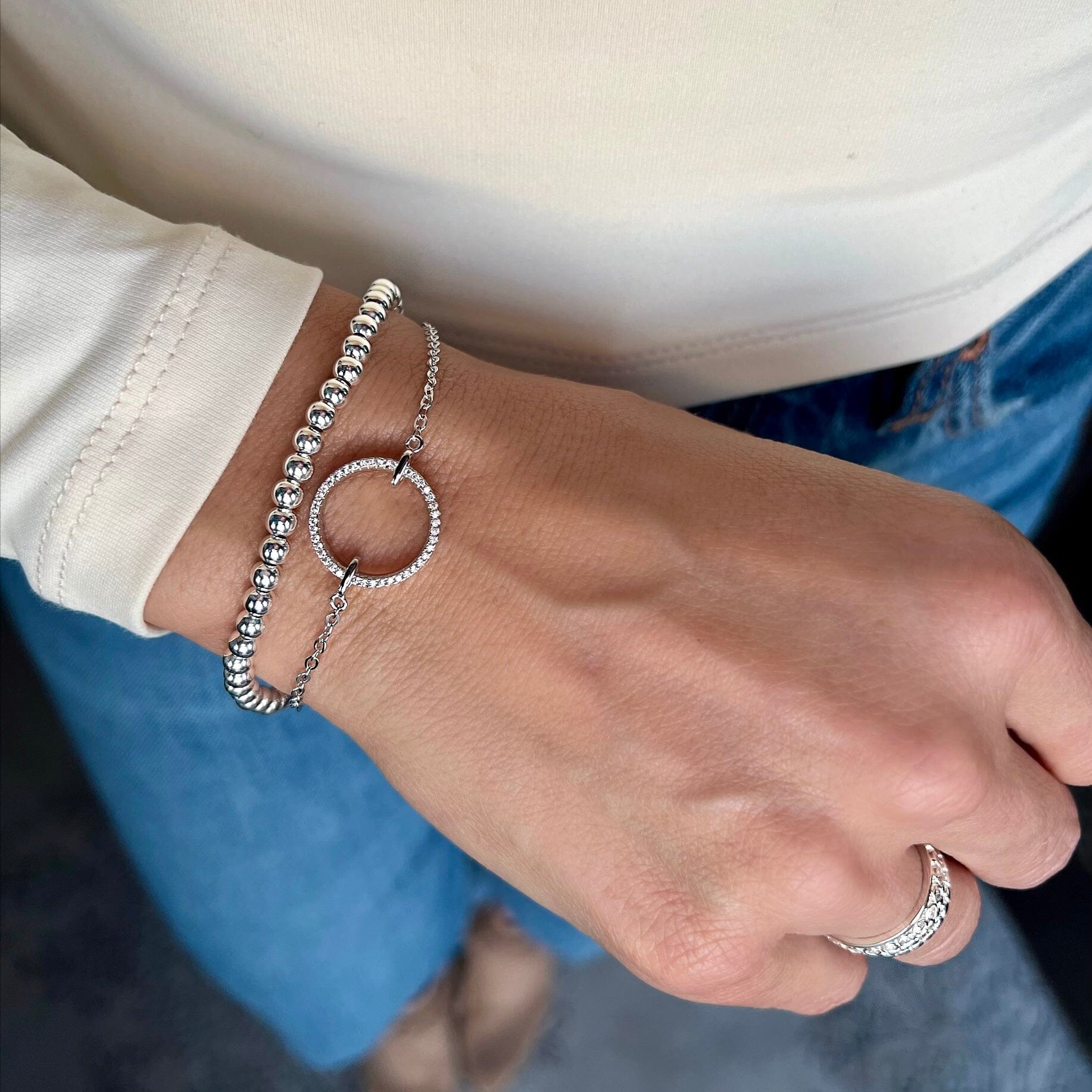 Cue Up The Fun Bracelet stacked with the Beaded Stack stretch bracelet in 4mm