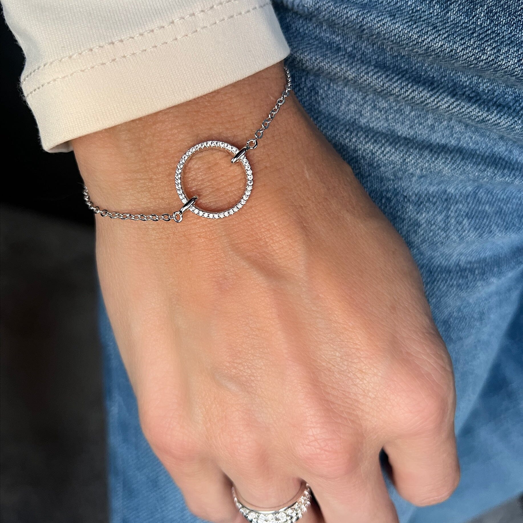 open circle pave set CZ bracelet in sterling silver