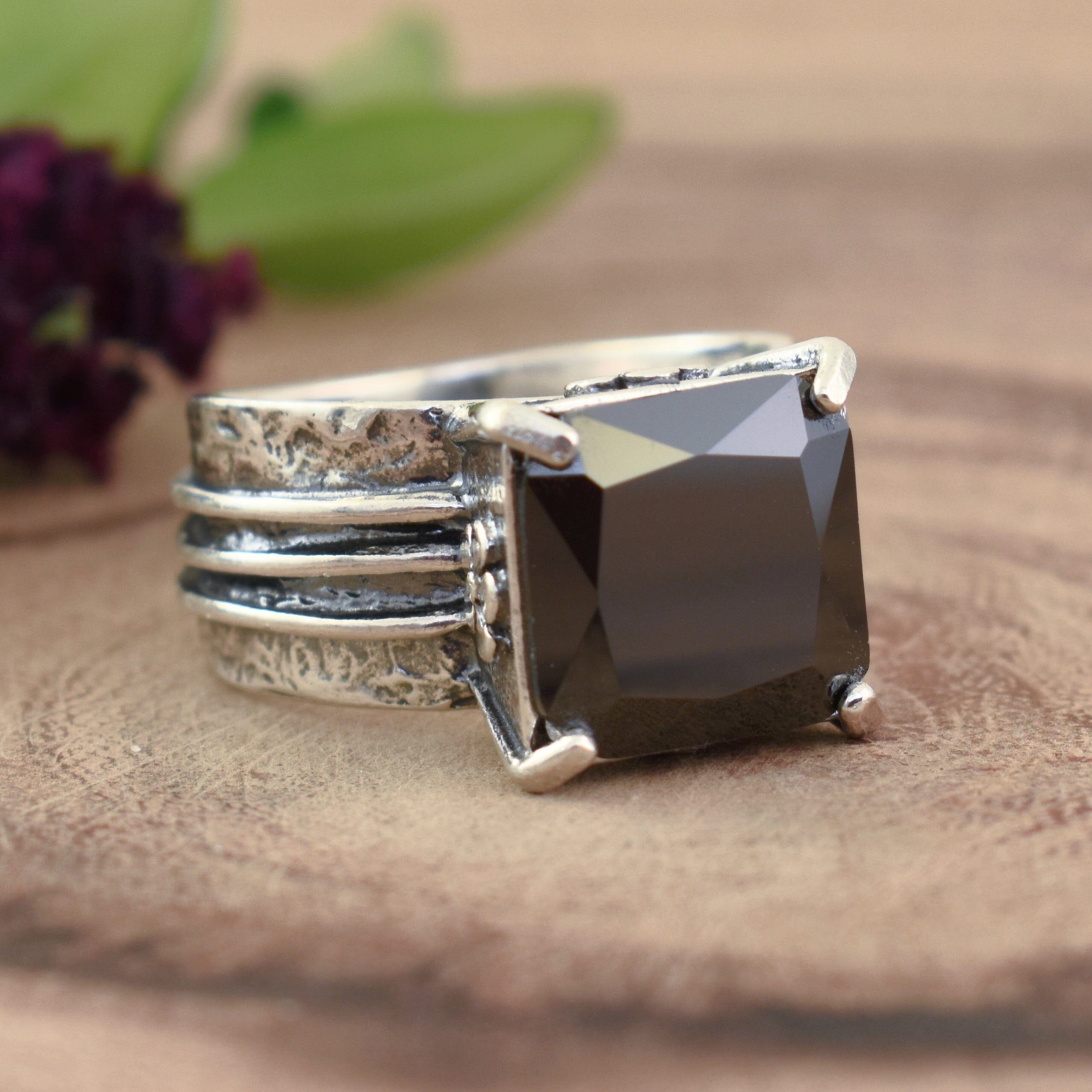 Antiqued sterling silver ring with large square black cz stone