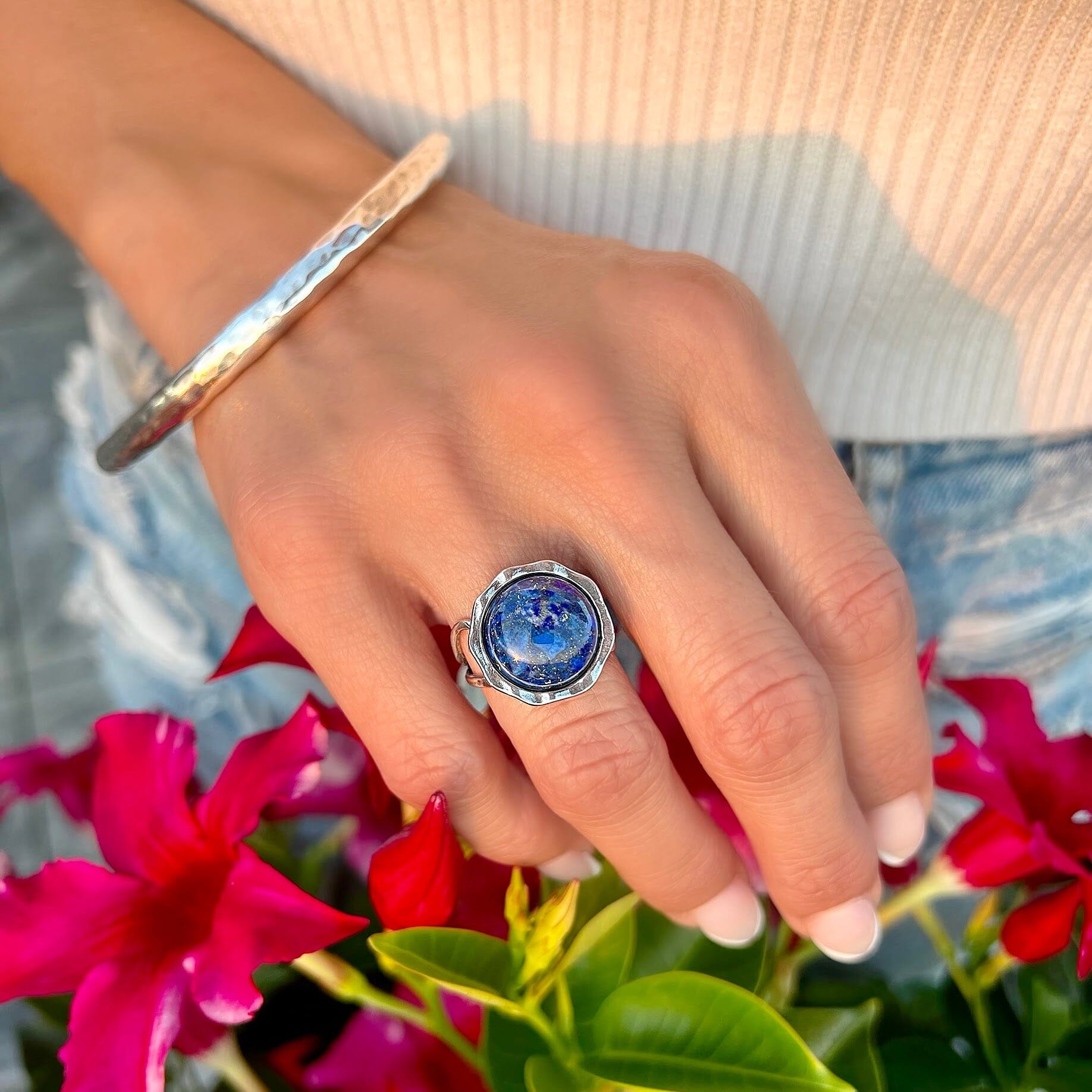Denim and Blues ring paired with the essentials bracelet