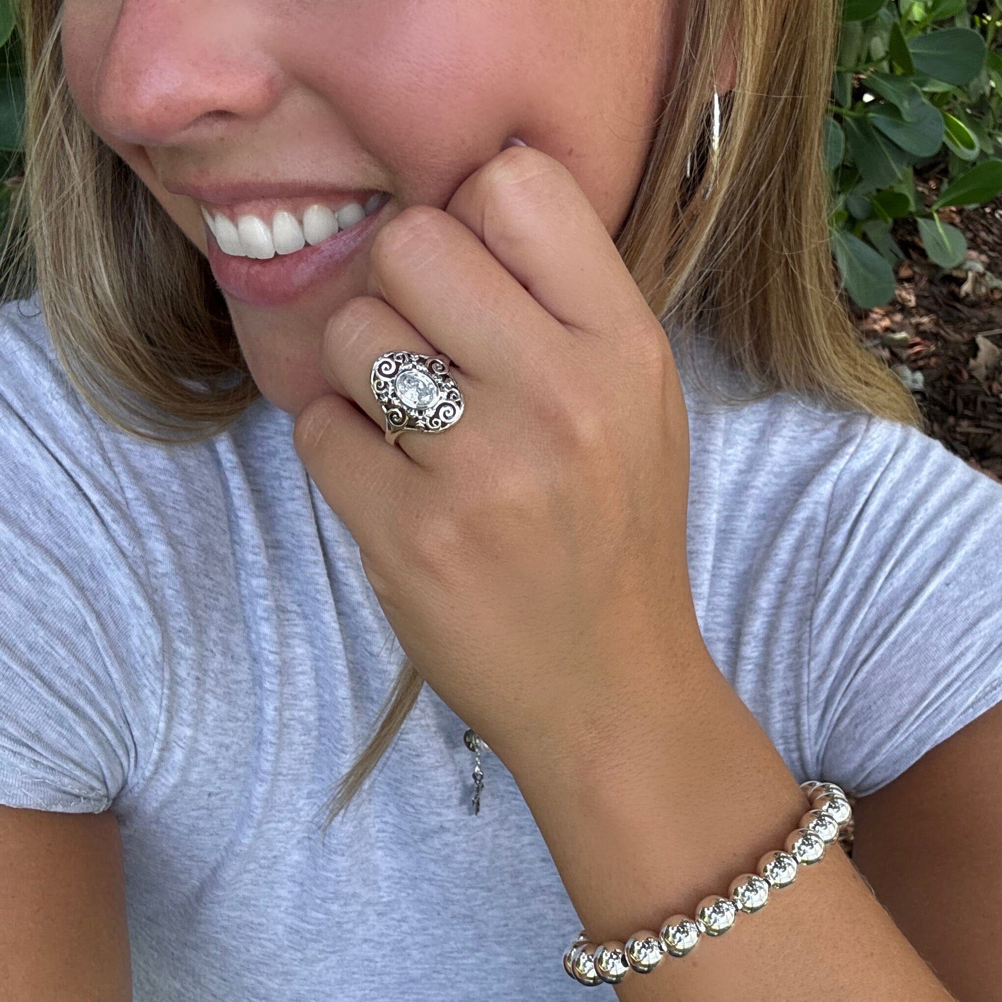 Dia Bonito ring paired with classic bead bracelet