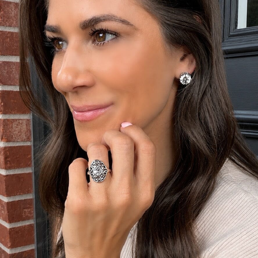 Sterling silver Dia Bonita ring paired with the Dibs on Diadems earrings