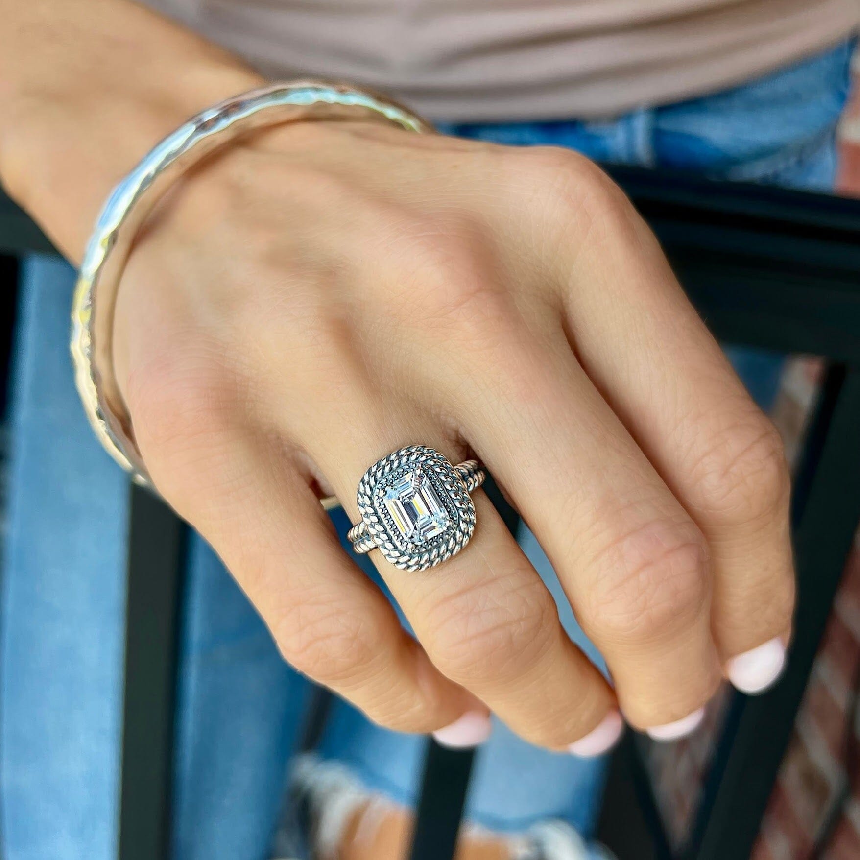 emerald cut designer ring in sterling silver