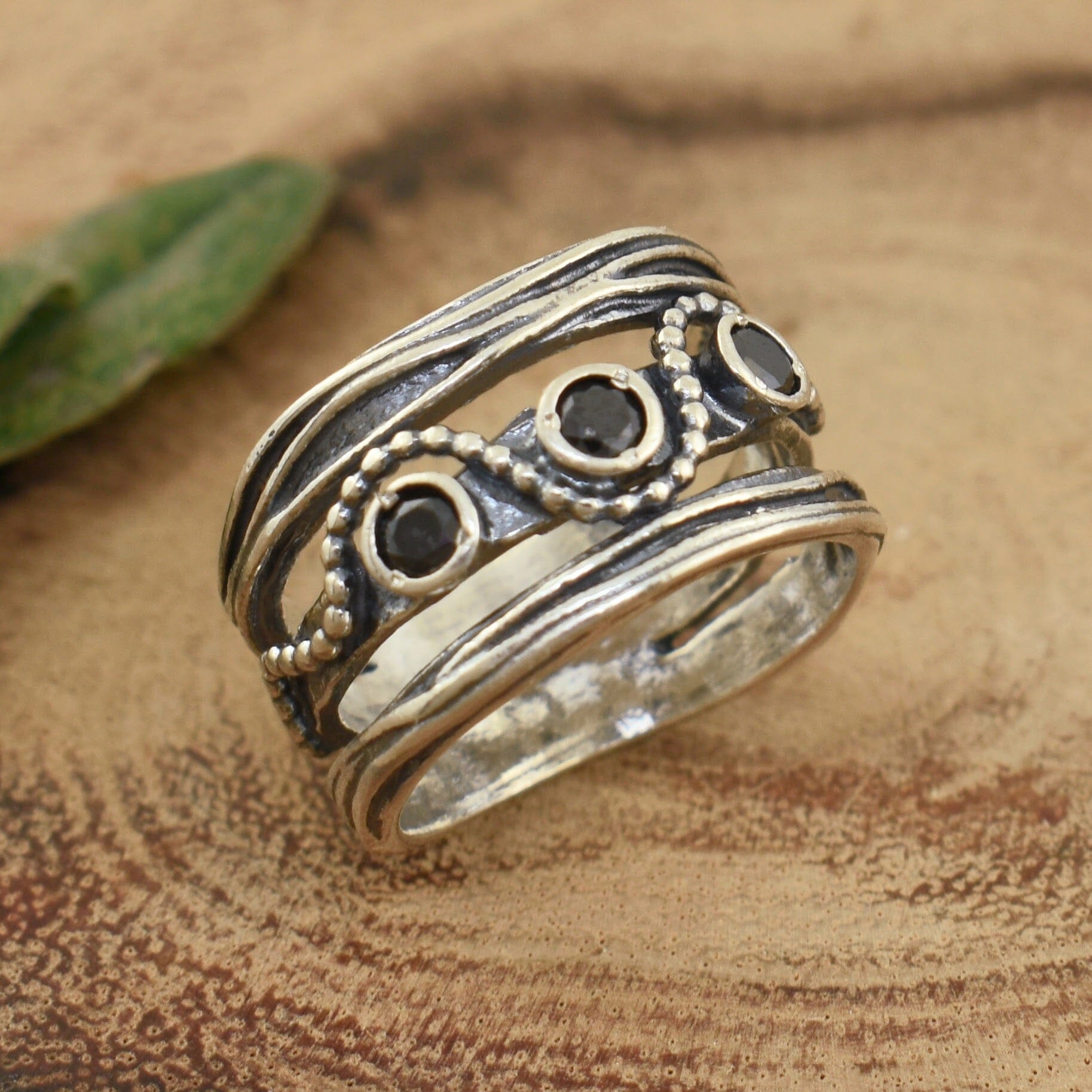 Black stone sterling silver ring