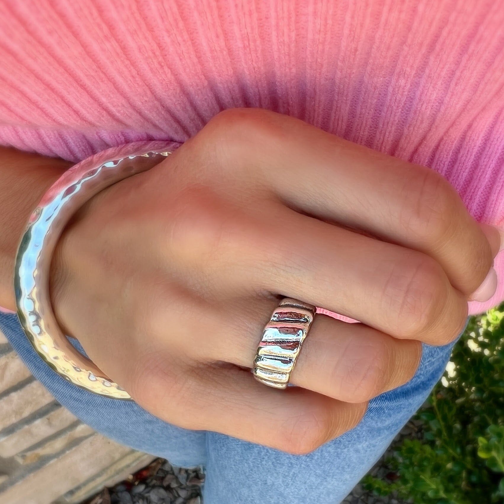 .925 sterling silver, antiqued ring with the hammered bliss bangle