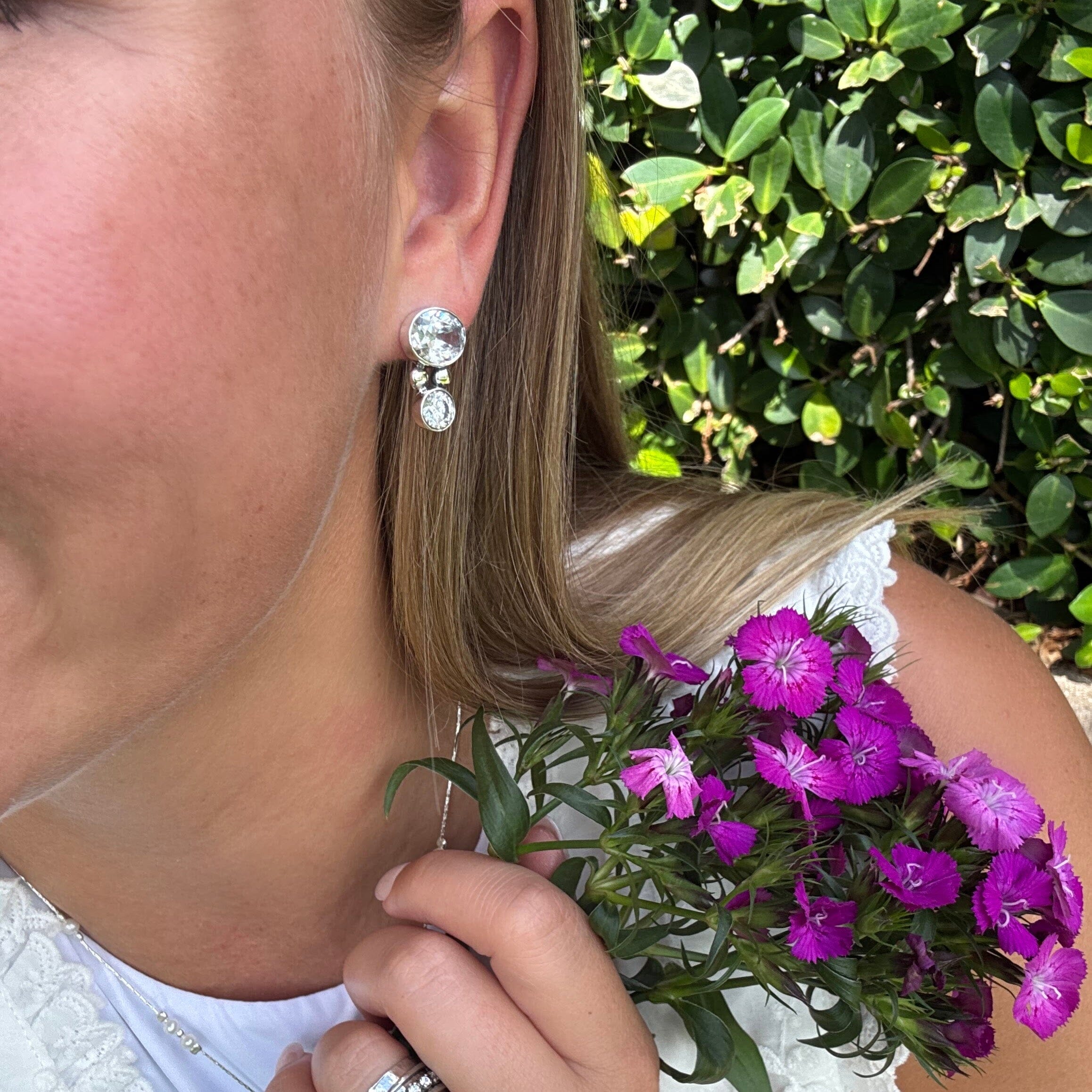 elegant sterling silver earrings featuring stacked cz stones - Double Trouble